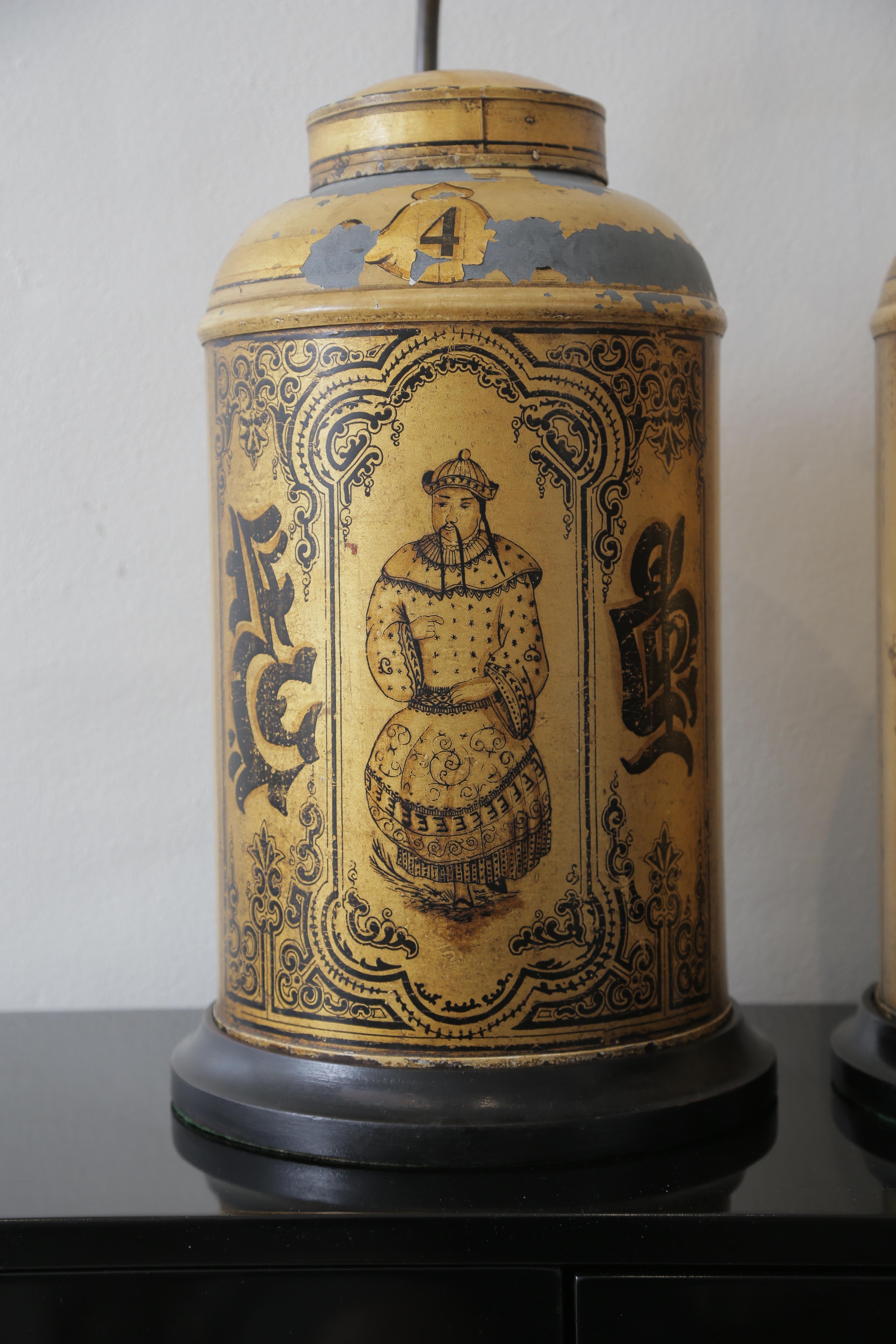 Unique pair of 19th century Chinese tea caddies base lamps with lucky numbers on them.