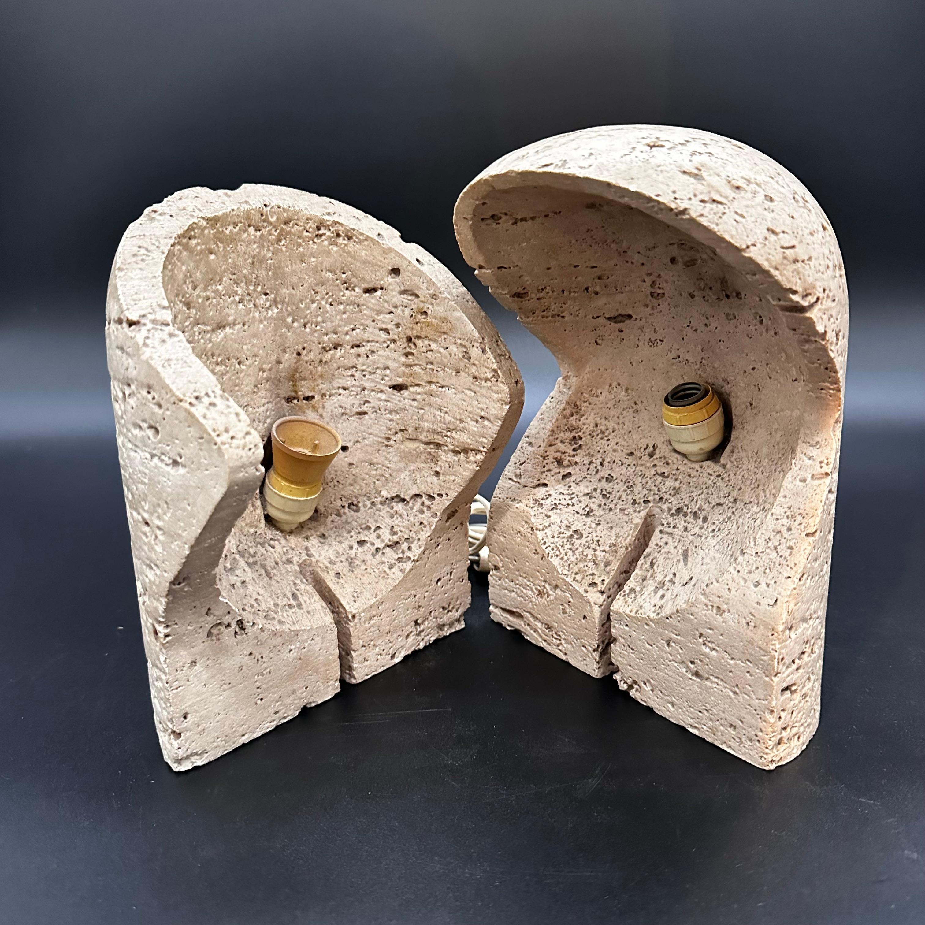 Italian Unique Pair of 2 Travertine Table Lamps by Mari For Danesi 1970s For Sale
