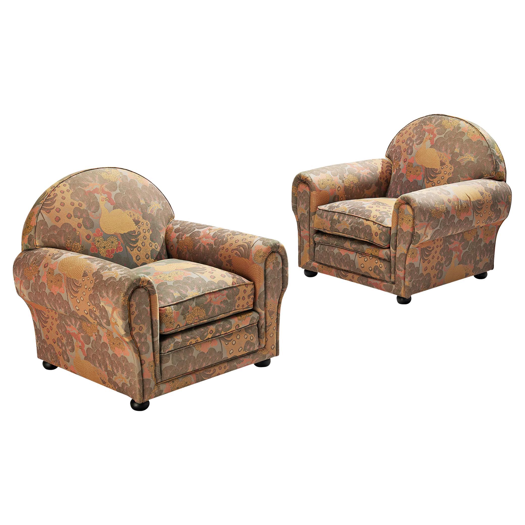 Unique Art Deco Armchairs in Botanical Upholstery For Sale