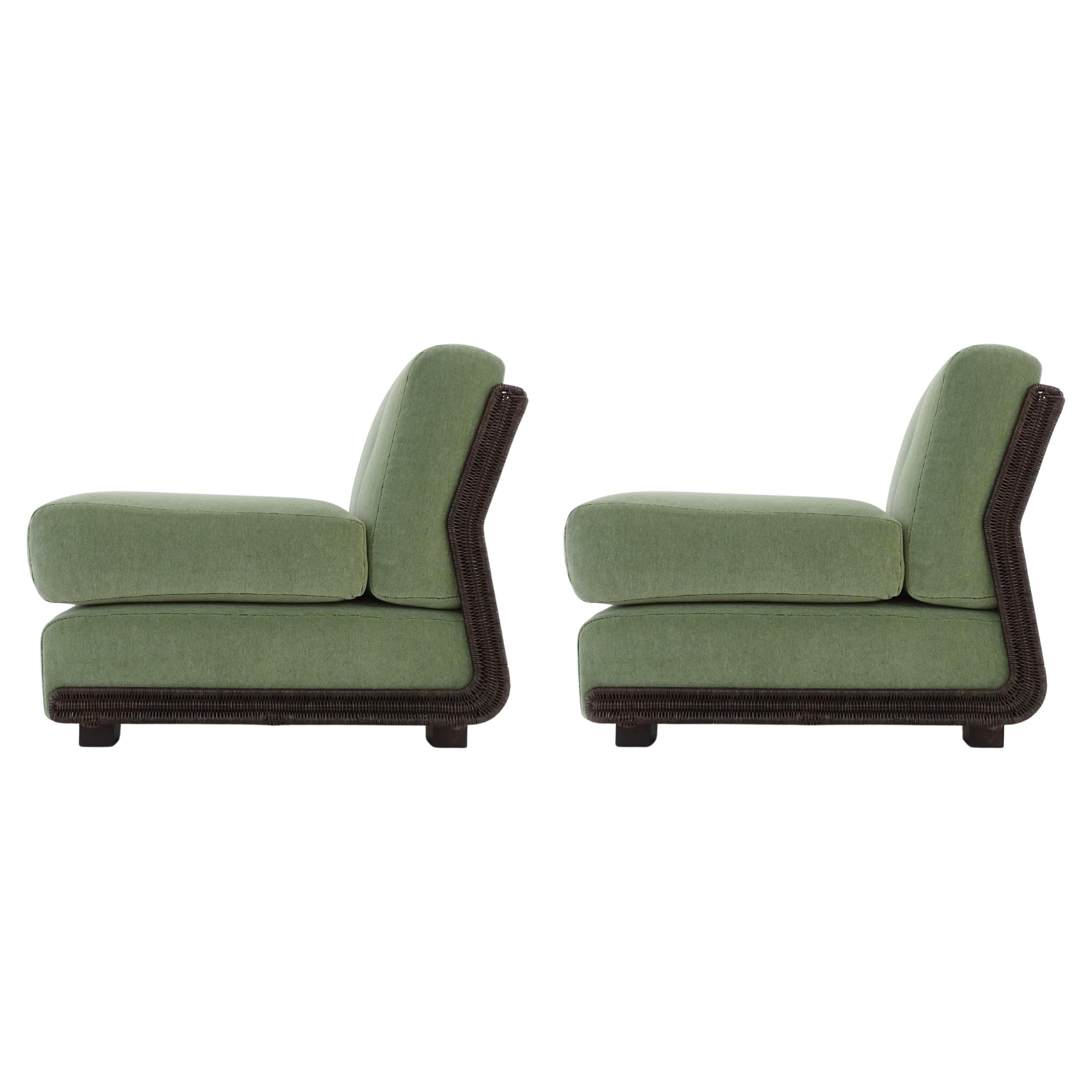 Unique Pair of Bonacina Rattan and Velvet Lounge Chairs, Italy 1960s
