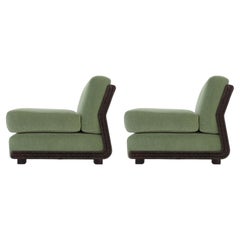 Unique Pair of Bonacina Rattan and Velvet Lounge Chairs, Italy 1960s