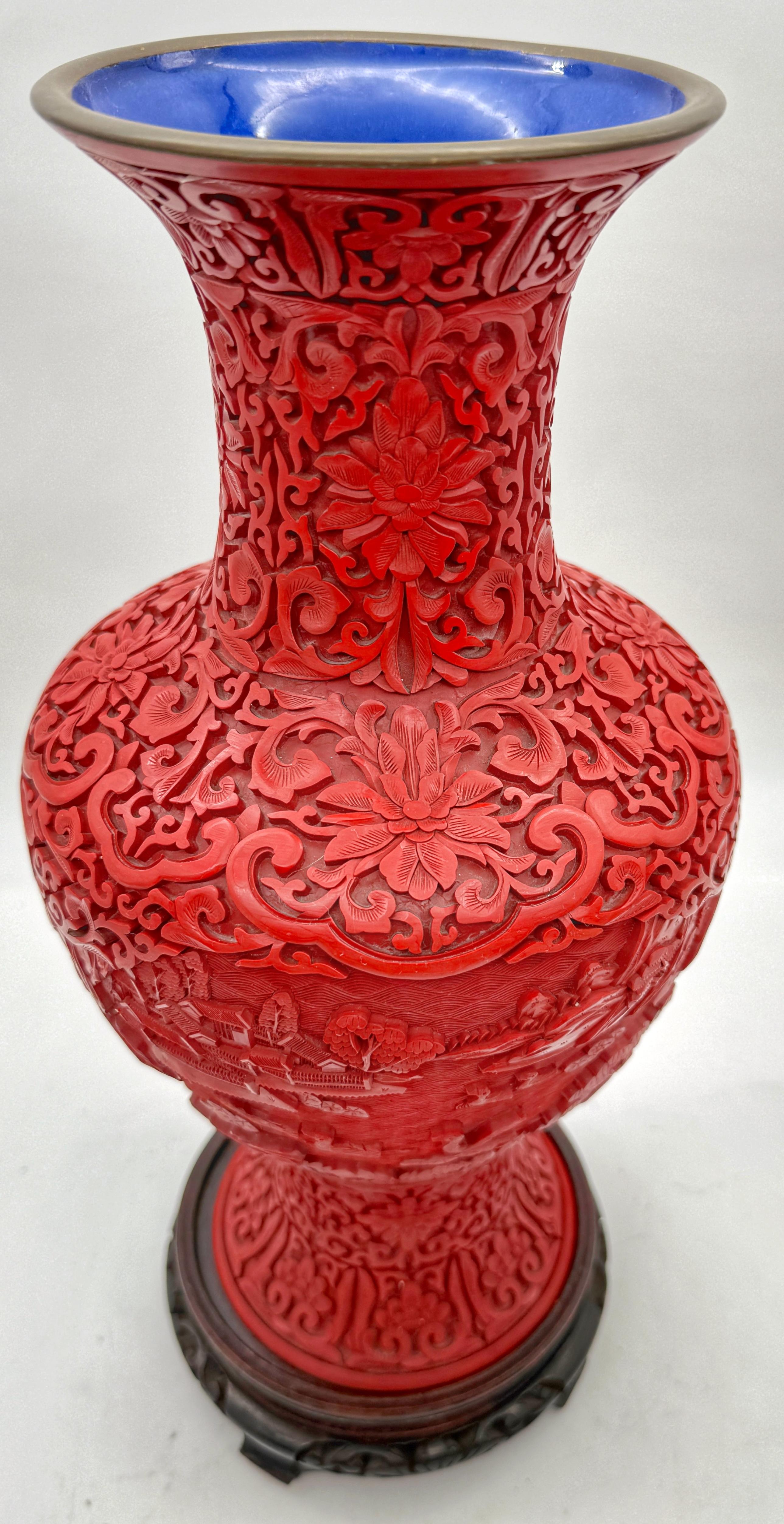 Unique Pair of Chinese Carved Cinnabar Vase, Same Shape, Different Decoration For Sale 4