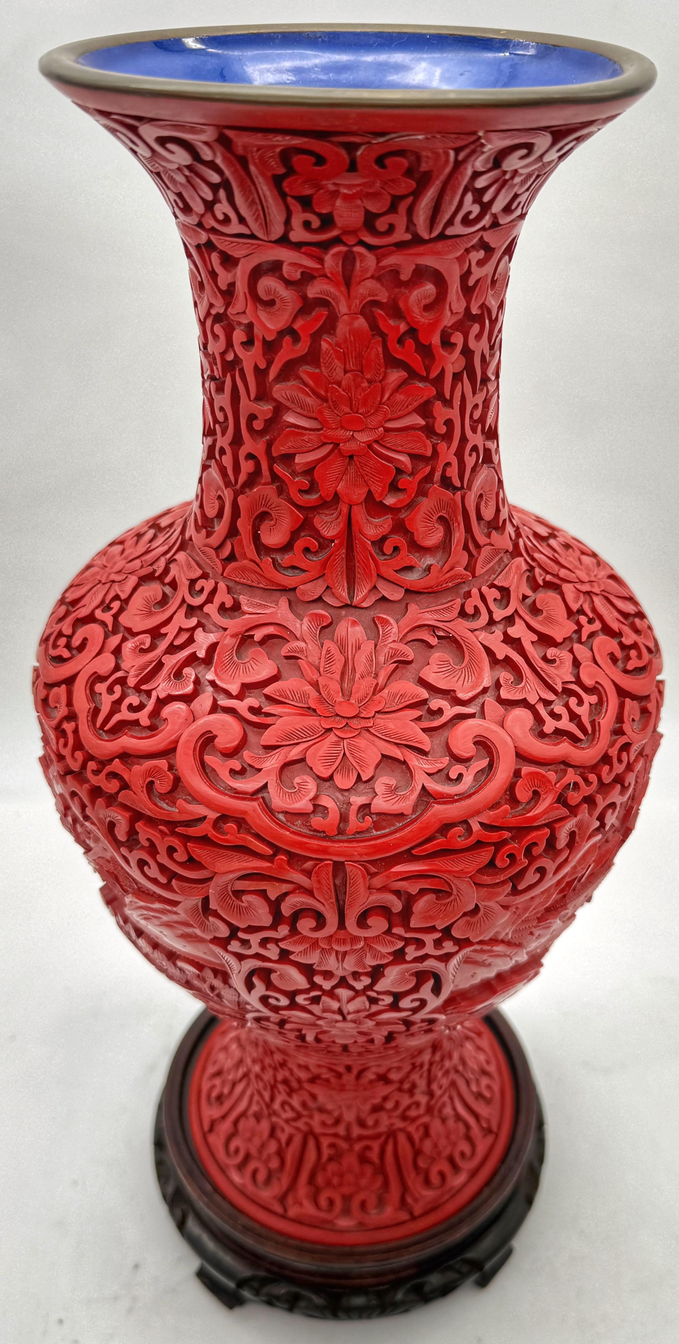 Unique Pair of Chinese Carved Cinnabar Vase, Same Shape, Different Decoration For Sale 5