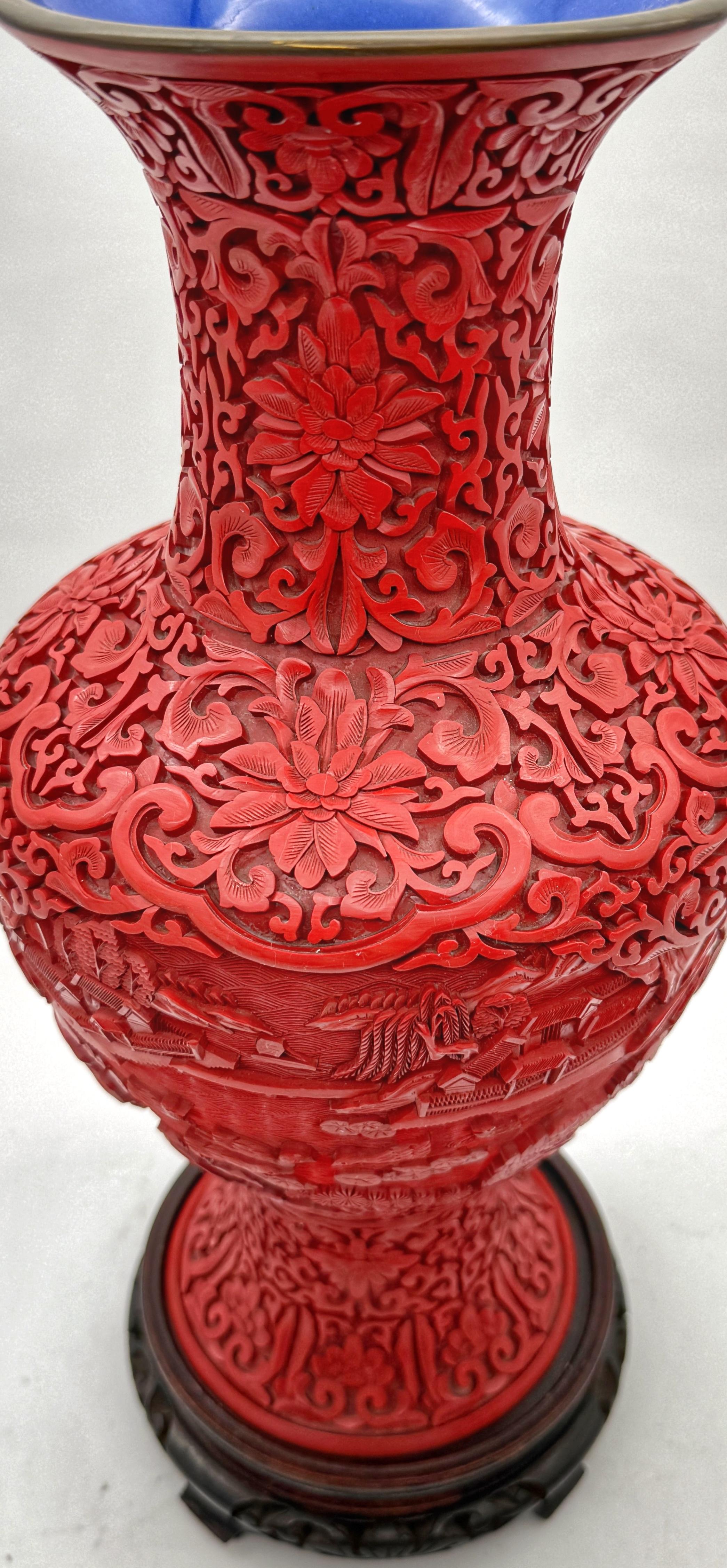 Unique Pair of Chinese Carved Cinnabar Vase, Same Shape, Different Decoration For Sale 6