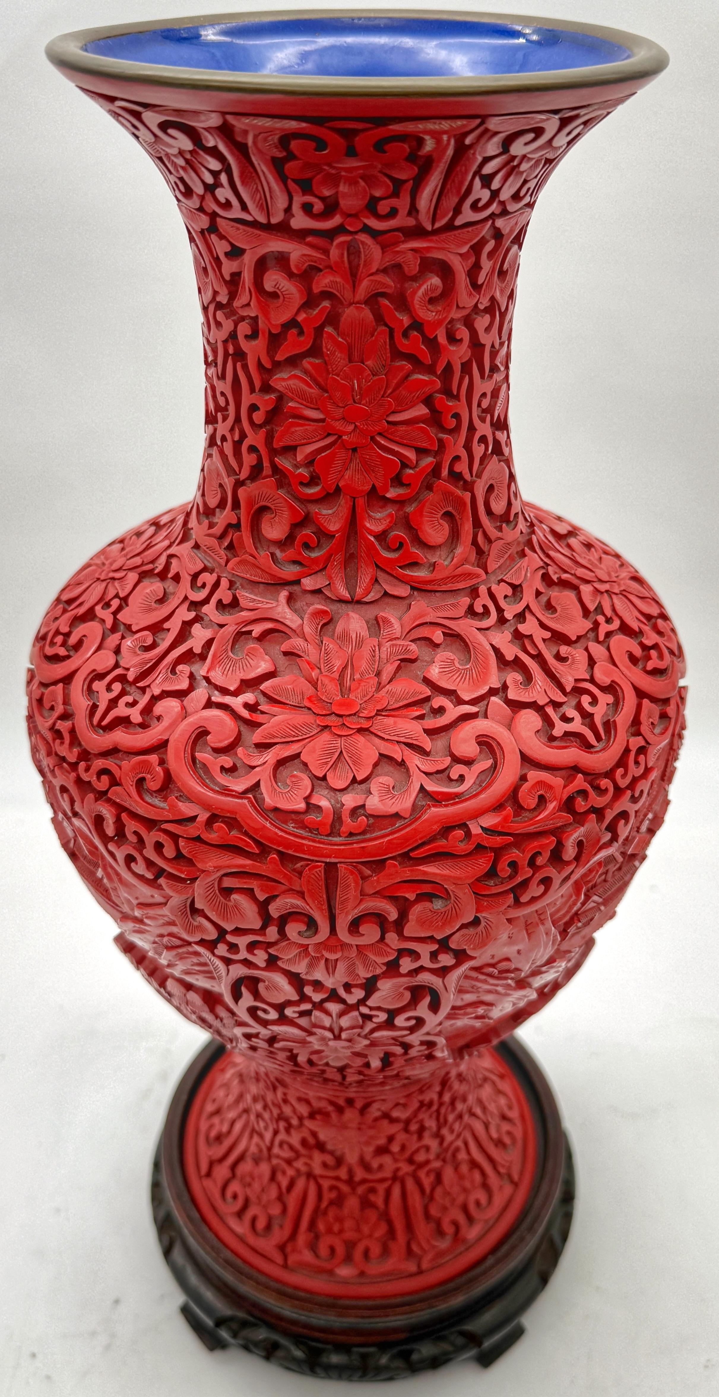 Unique Pair of Chinese Carved Cinnabar Vase, Same Shape, Different Decoration For Sale 7