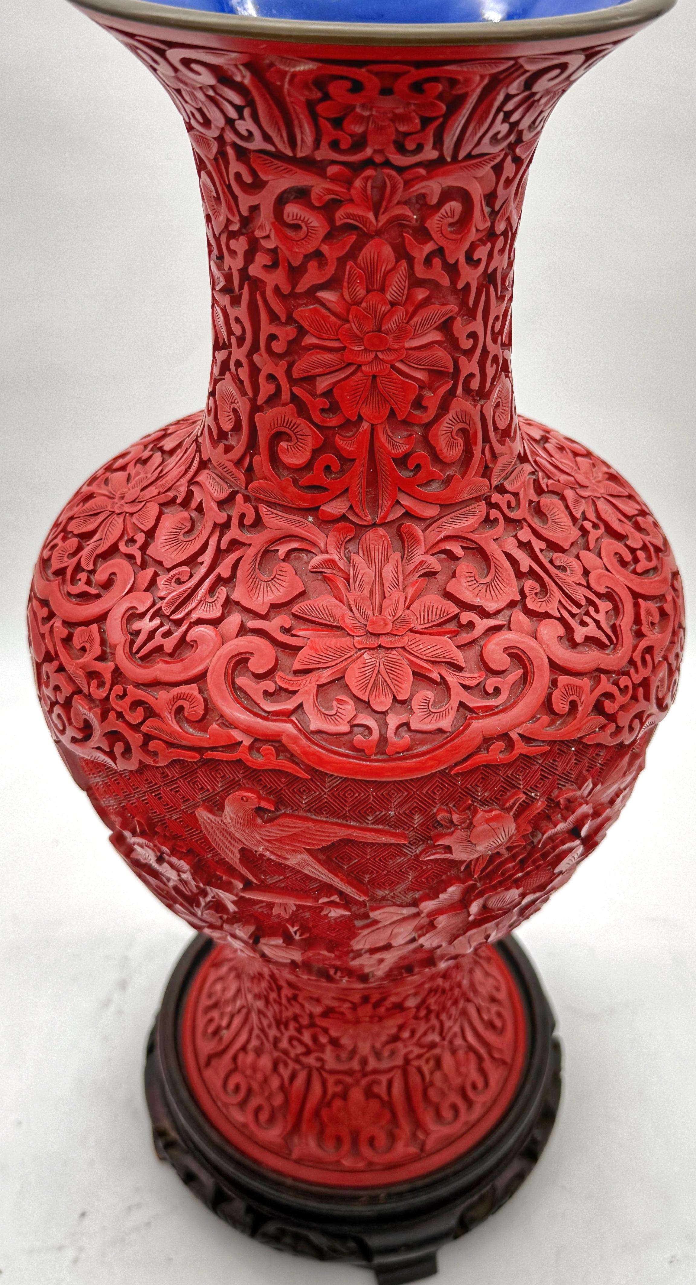 Unique Pair of Chinese Carved Cinnabar Vase, Same Shape, Different Decoration For Sale 8