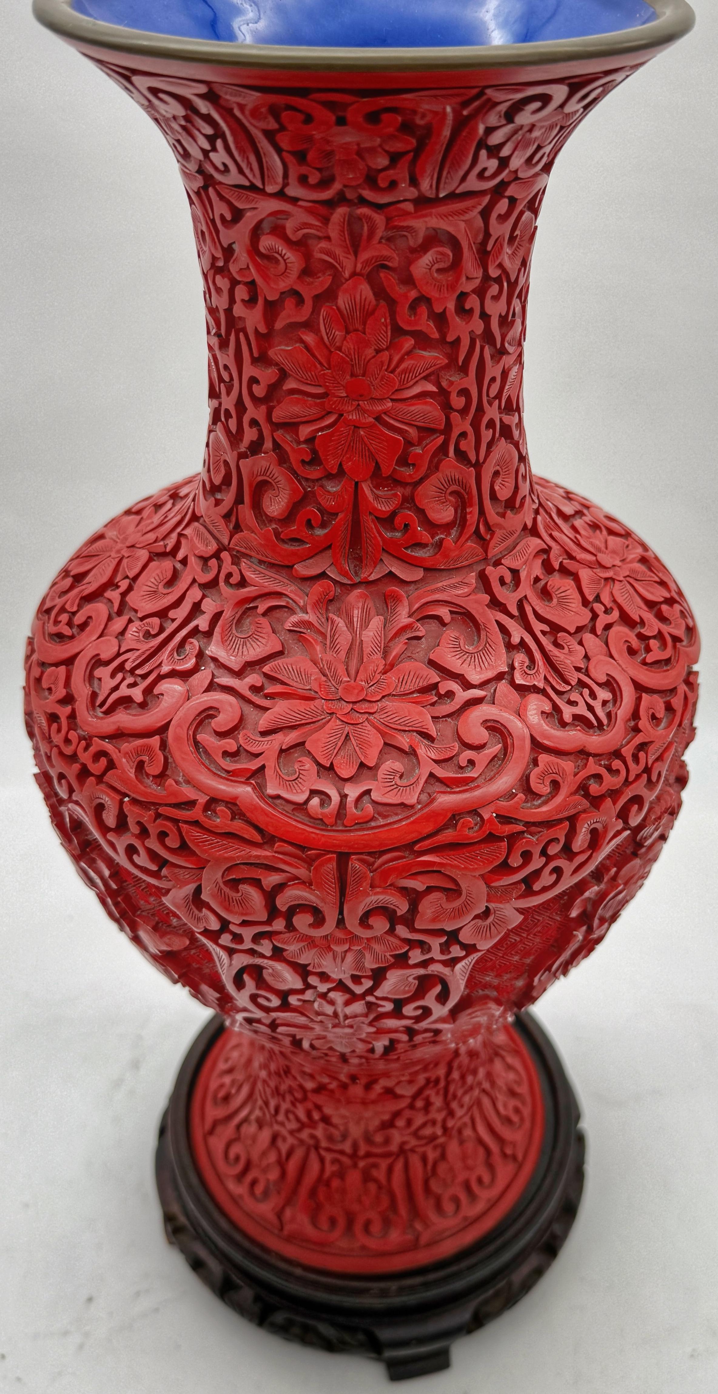 Unique Pair of Chinese Carved Cinnabar Vase, Same Shape, Different Decoration For Sale 9