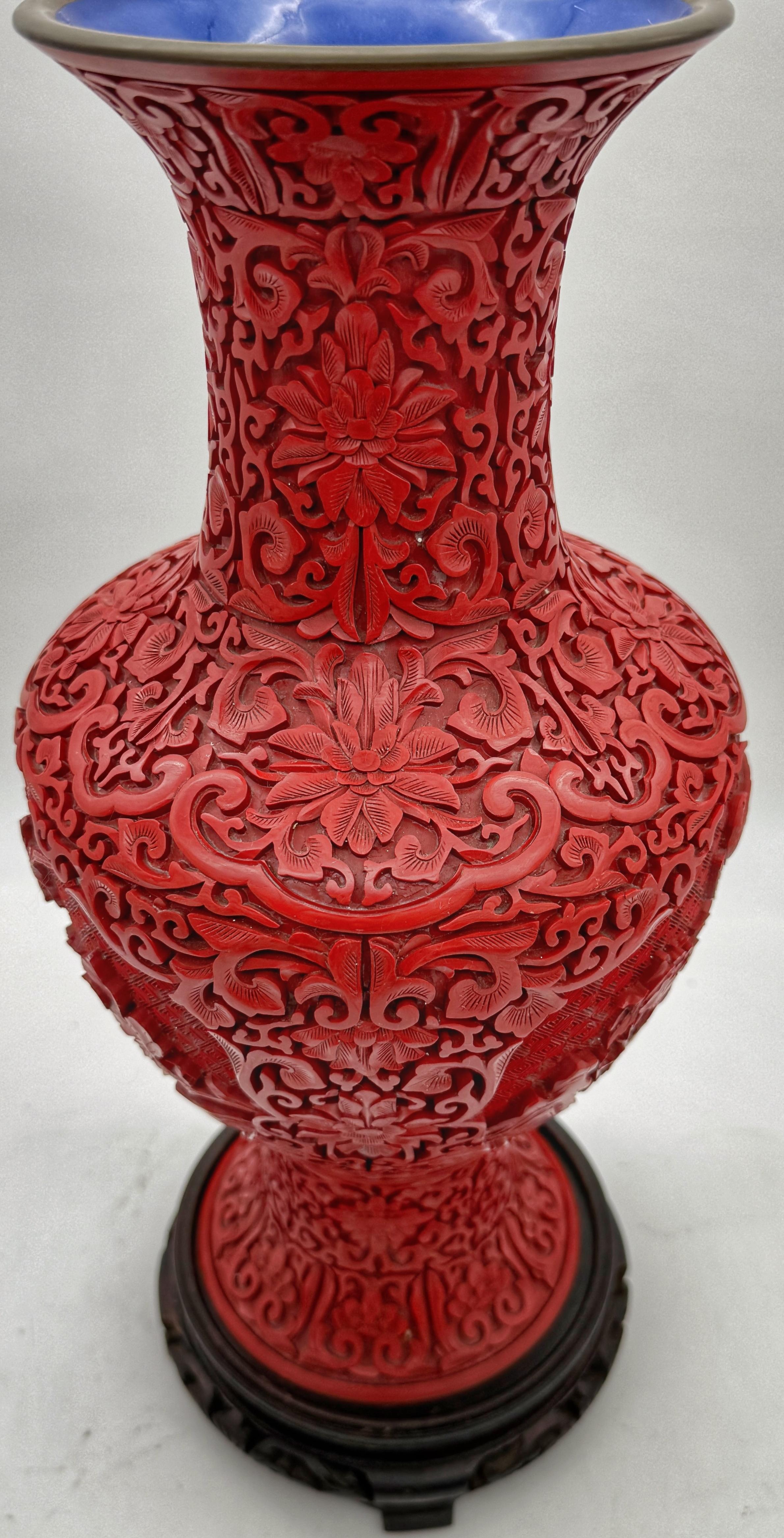 Unique Pair of Chinese Carved Cinnabar Vase, Same Shape, Different Decoration For Sale 11