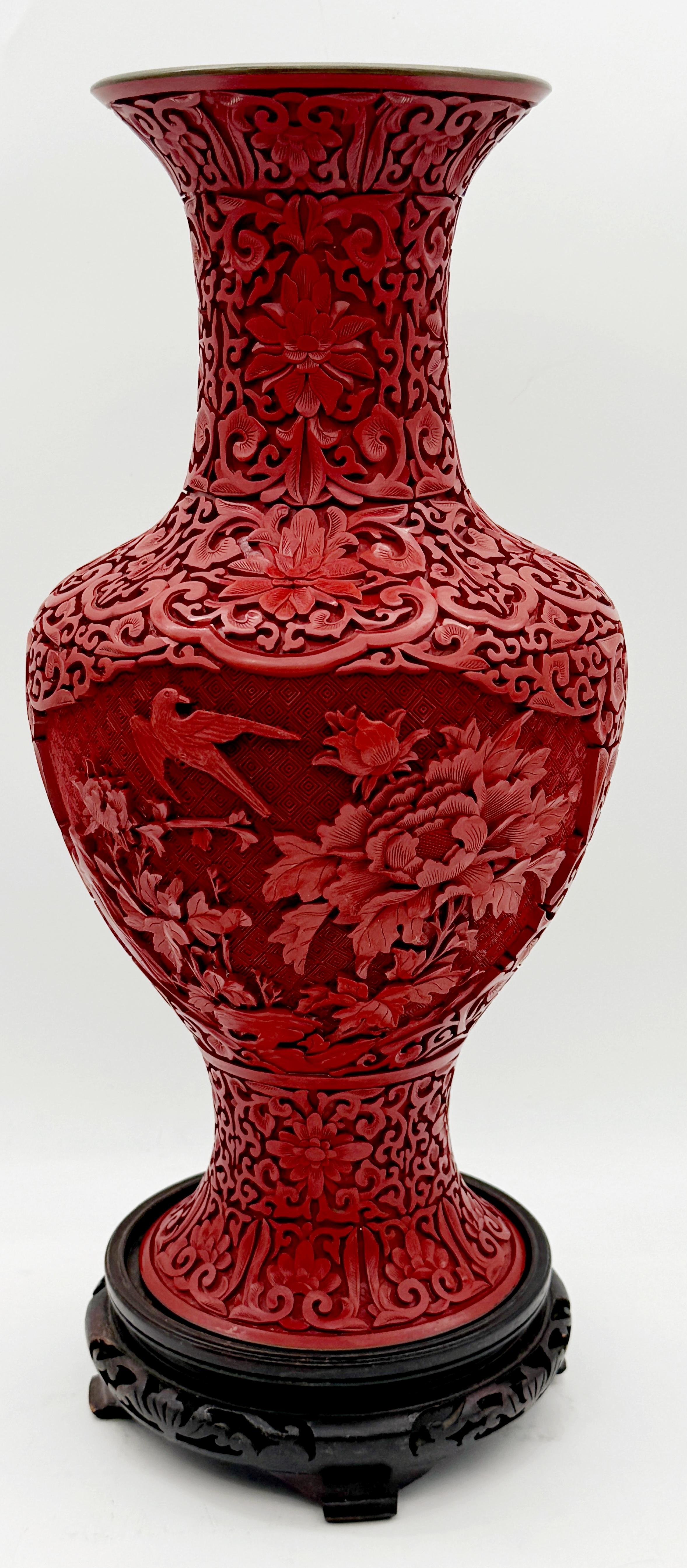 Unique Pair of Chinese Carved Cinnabar Vase, Same Shape, Different Decoration For Sale 12