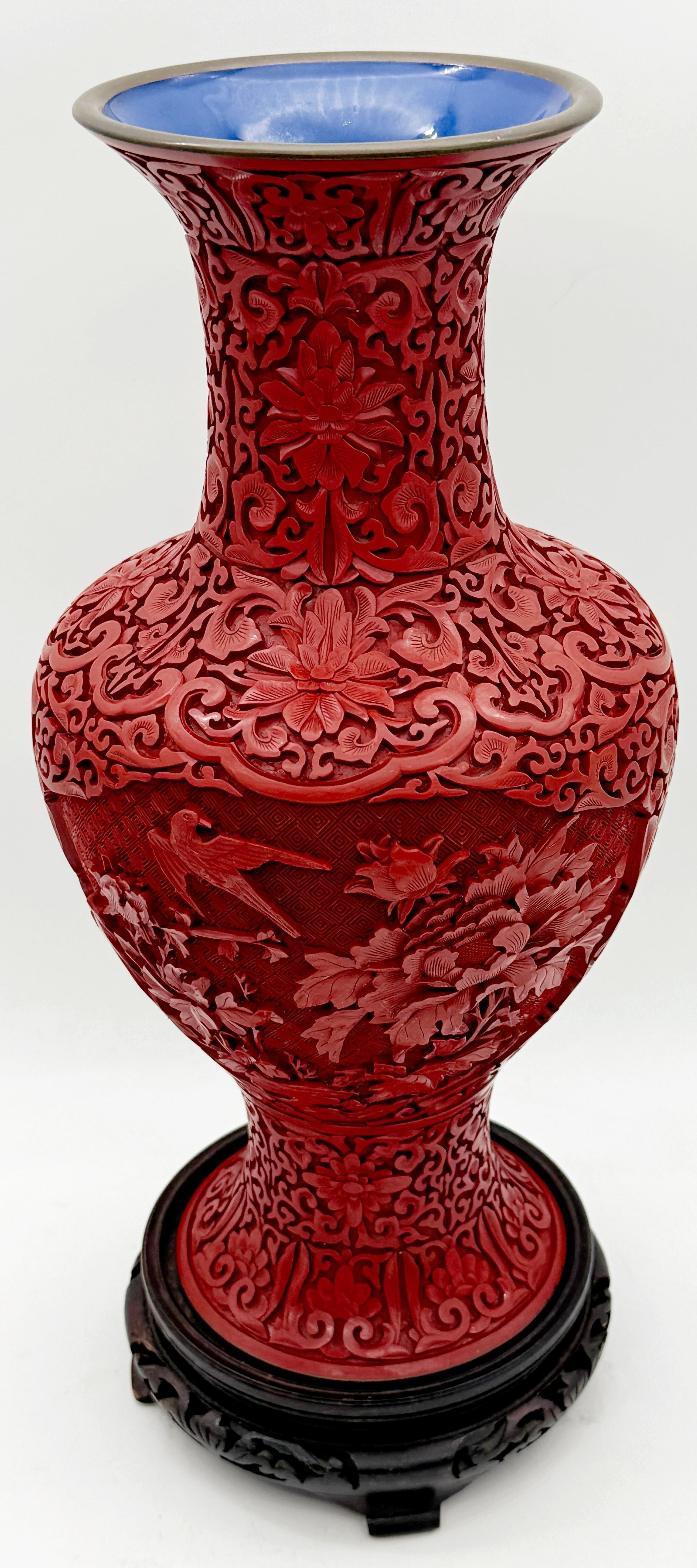Unique Pair of Chinese Carved Cinnabar Vase, Same Shape, Different Decoration For Sale 14