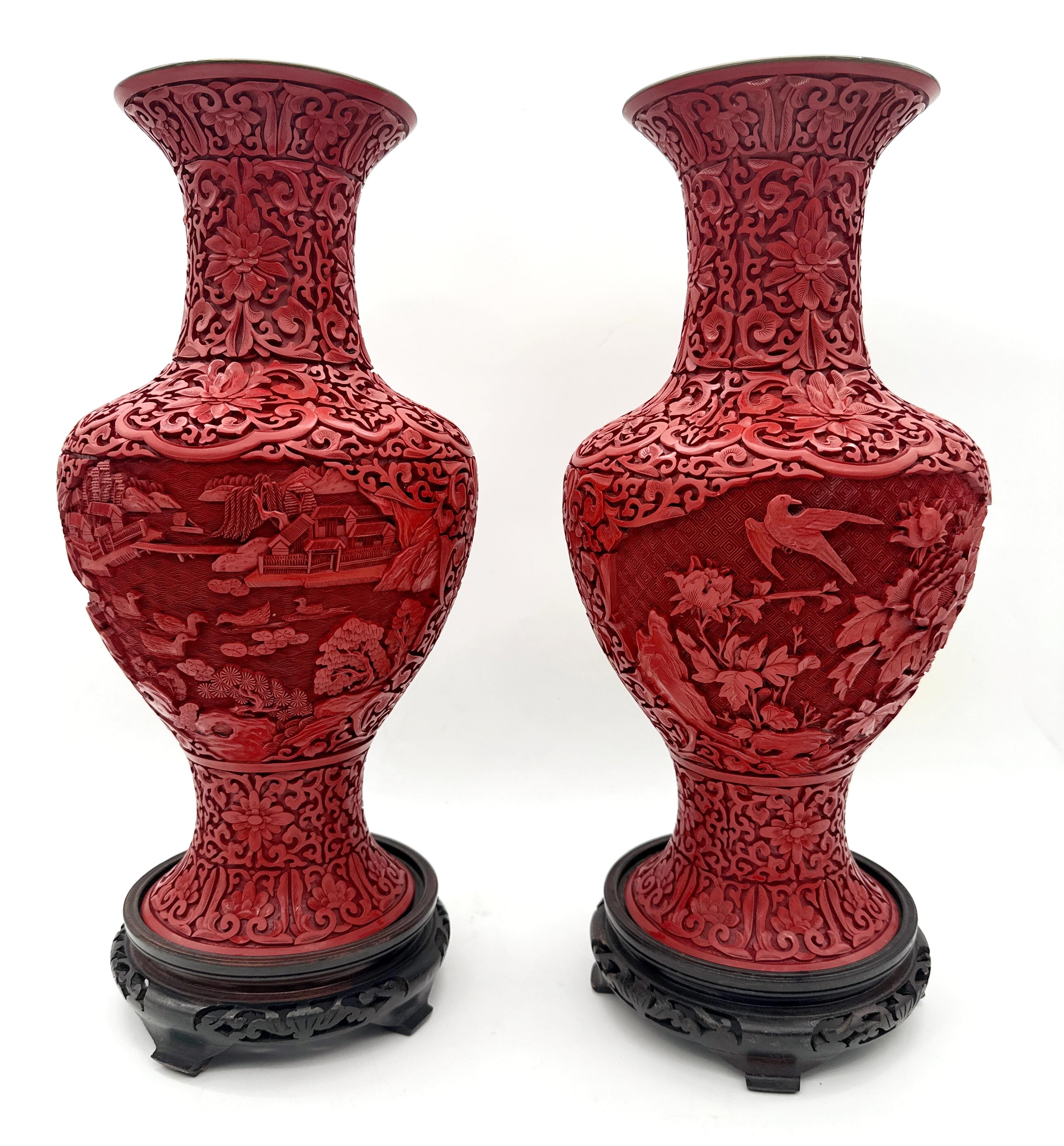 Chinese Export Unique Pair of Chinese Carved Cinnabar Vase, Same Shape, Different Decoration For Sale