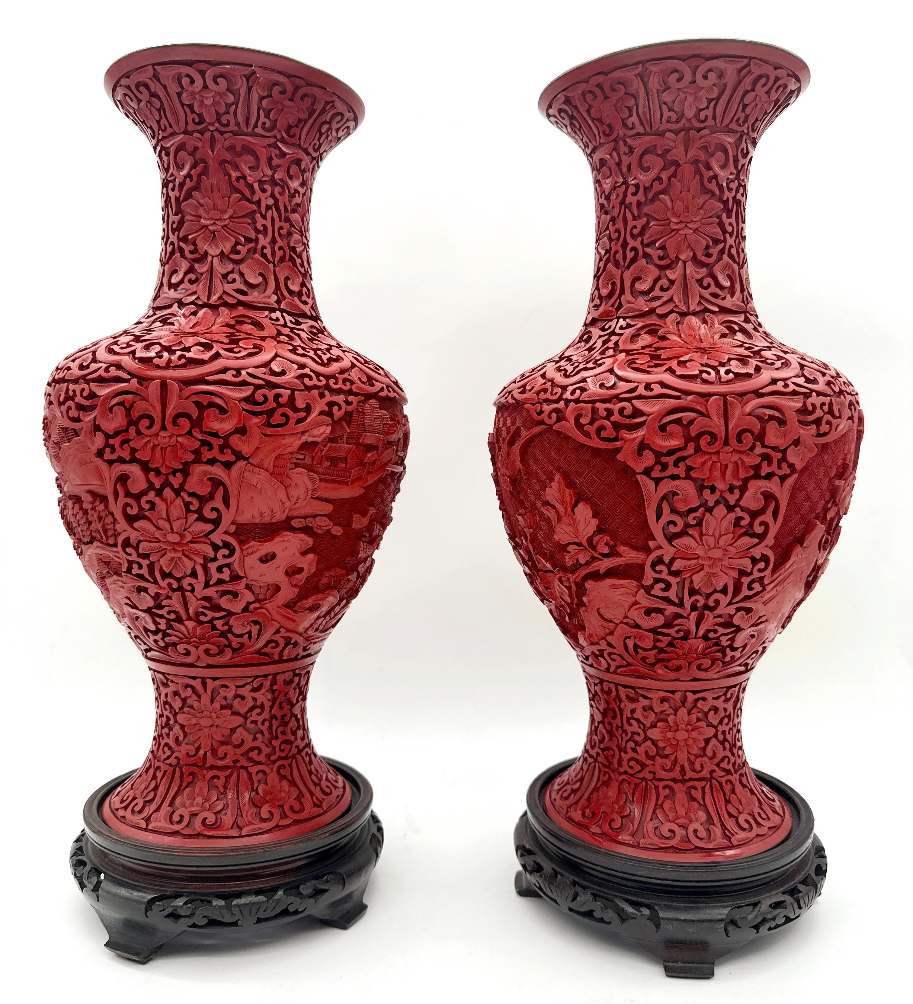Unique Pair of Chinese Carved Cinnabar Vase, Same Shape, Different Decoration In Good Condition For Sale In West Palm Beach, FL