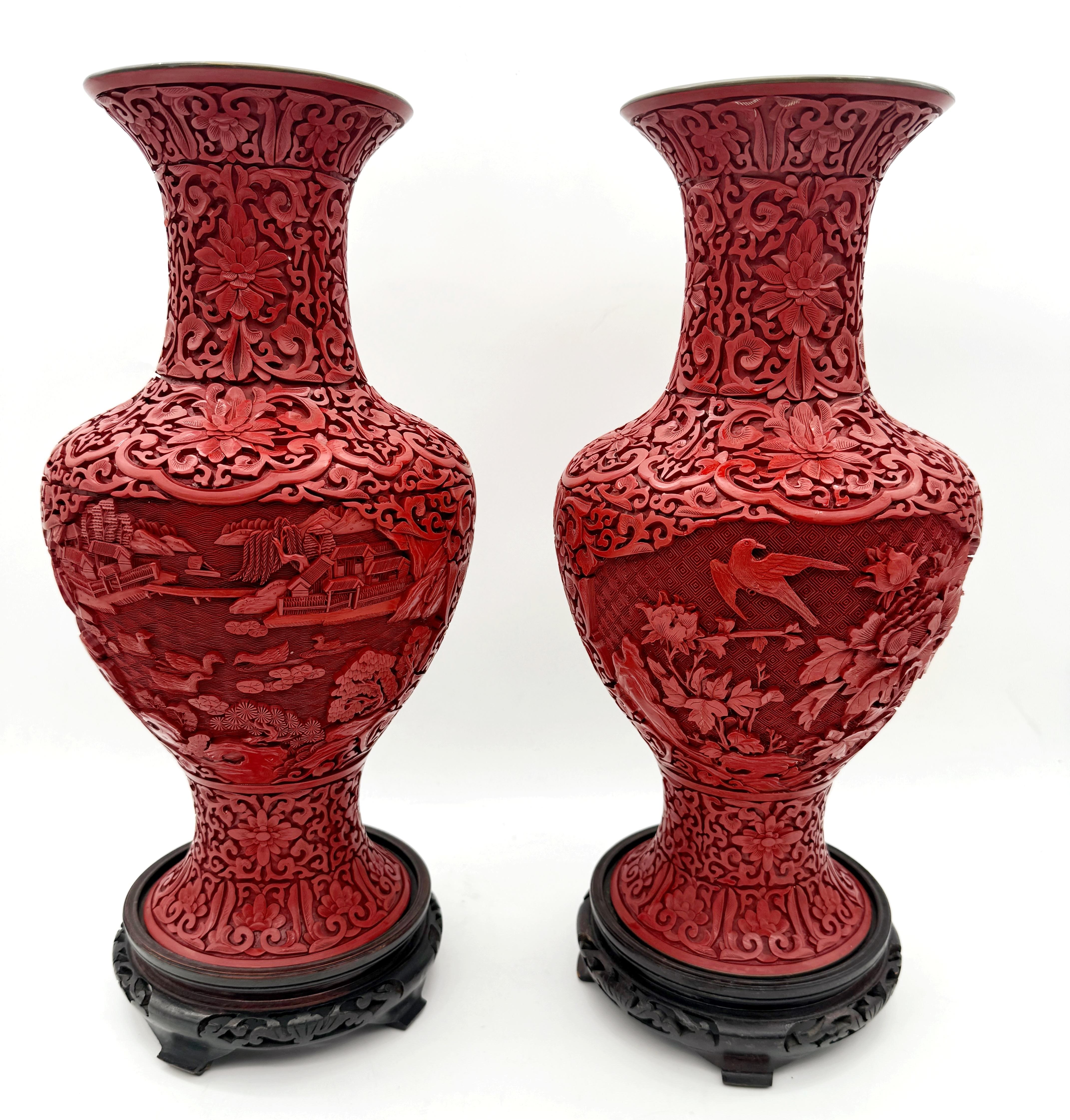 20th Century Unique Pair of Chinese Carved Cinnabar Vase, Same Shape, Different Decoration For Sale