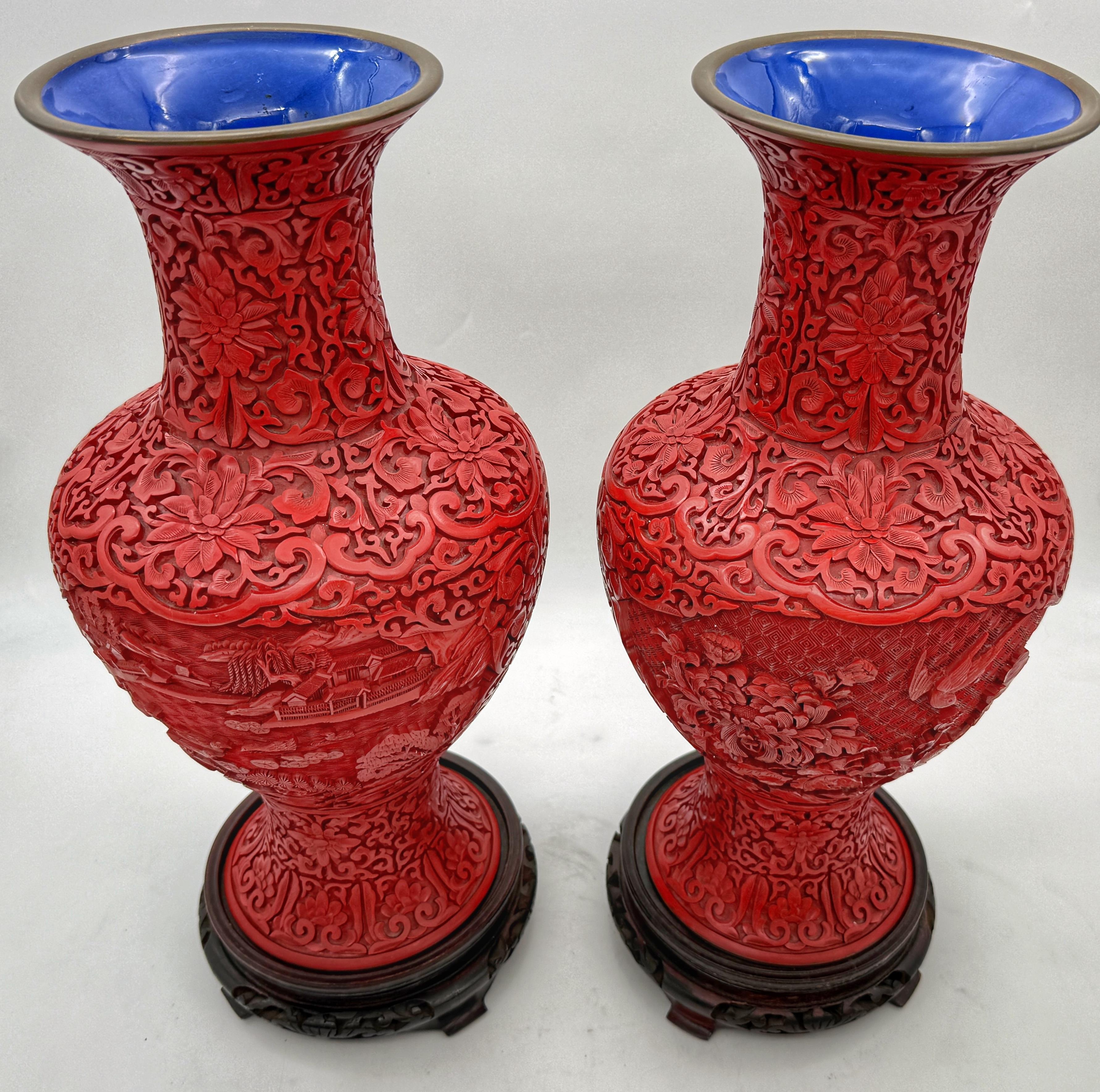 Unique Pair of Chinese Carved Cinnabar Vase, Same Shape, Different Decoration For Sale 1
