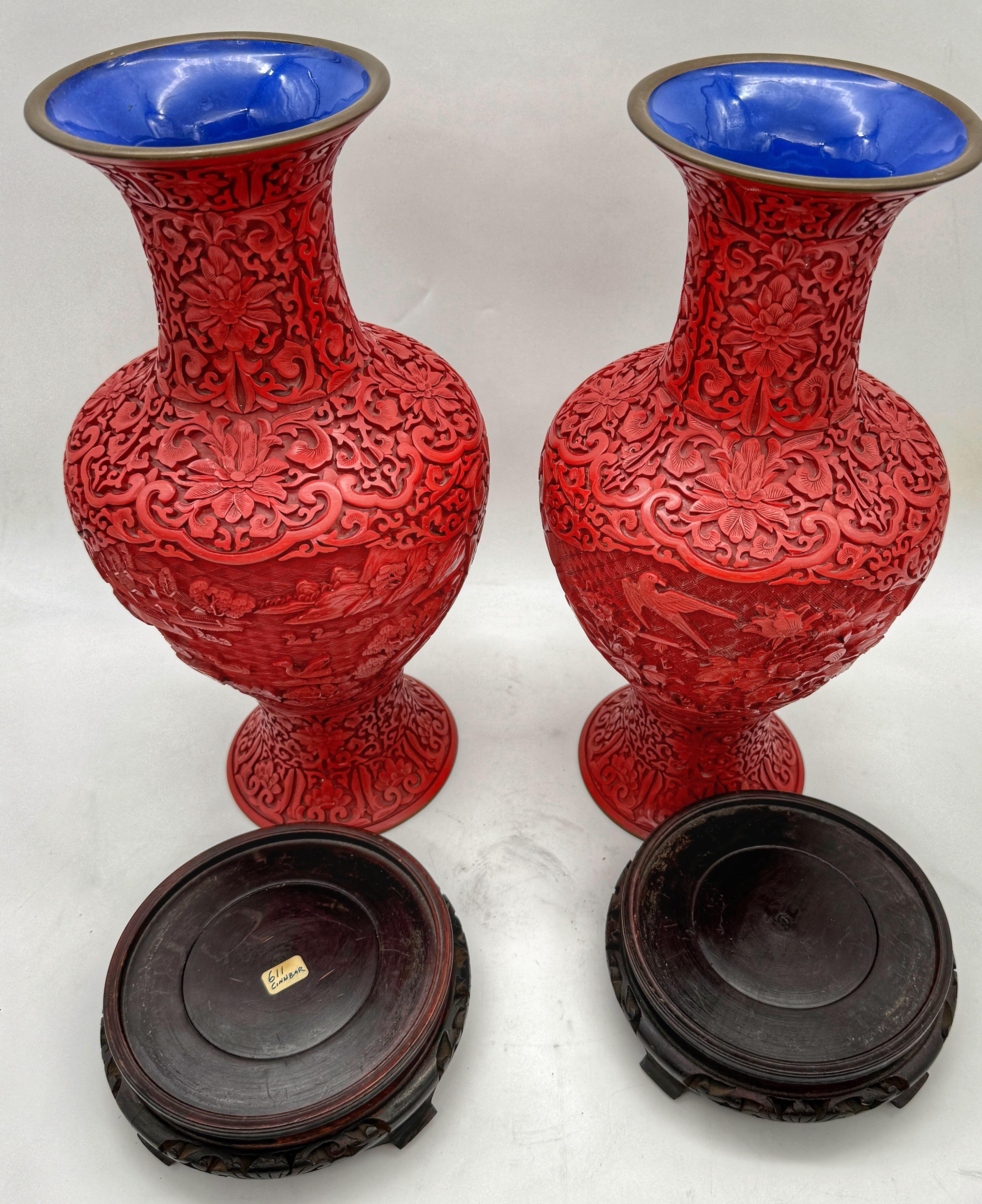 Unique Pair of Chinese Carved Cinnabar Vase, Same Shape, Different Decoration For Sale 2