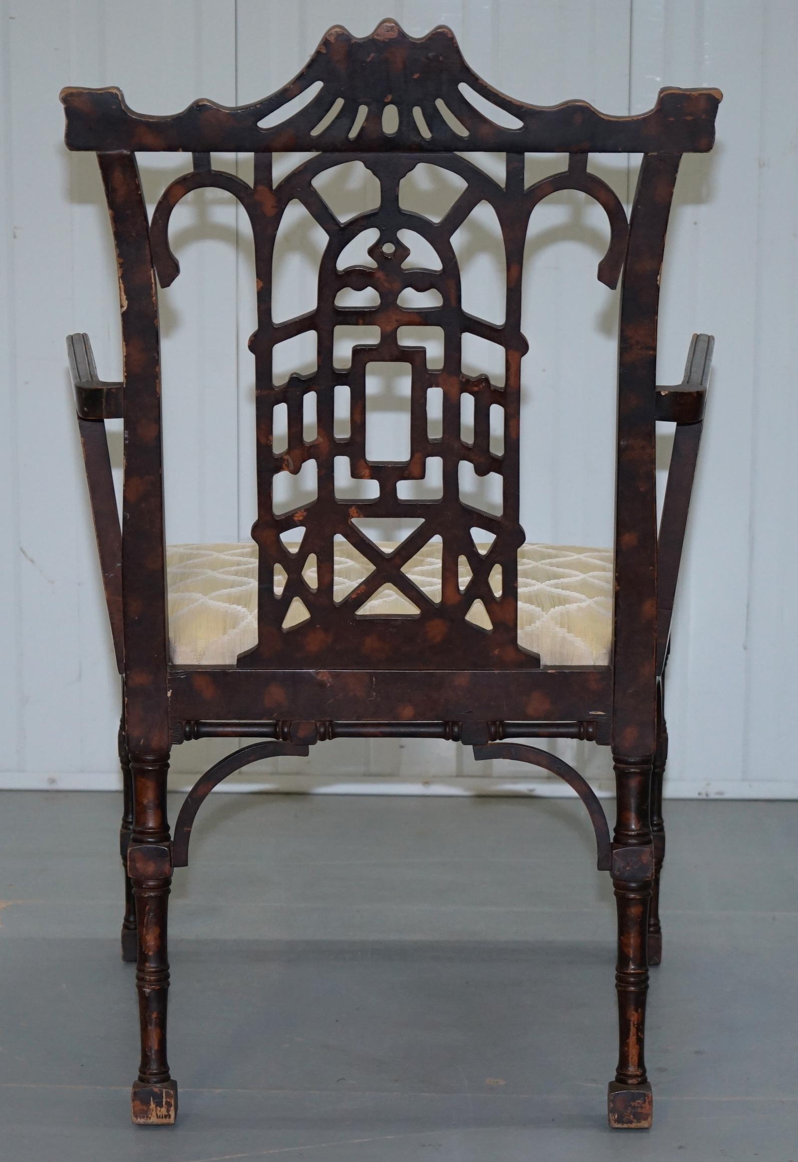 Unique Pair of Chinese Chippendale Tortoiseshell Lacquered Carver Armchairs 5