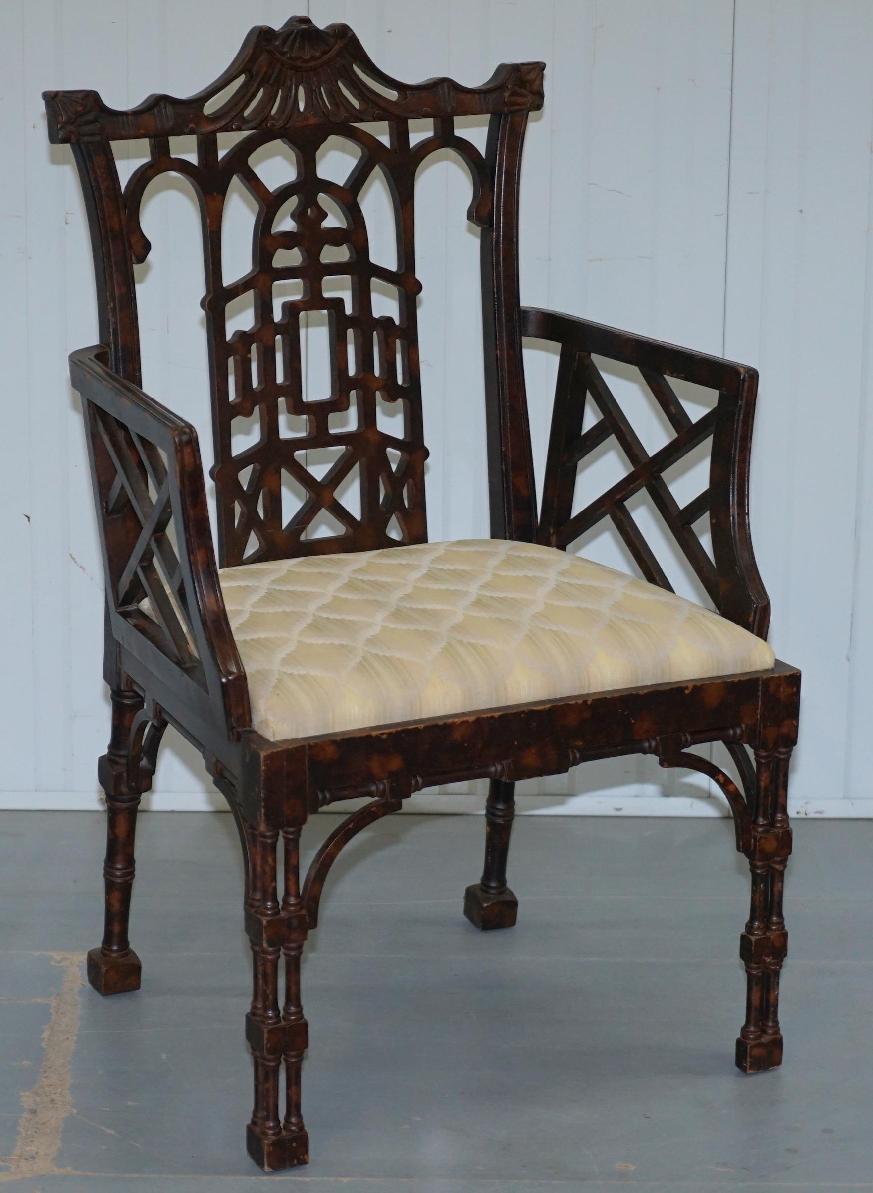 Unique Pair of Chinese Chippendale Tortoiseshell Lacquered Carver Armchairs 7