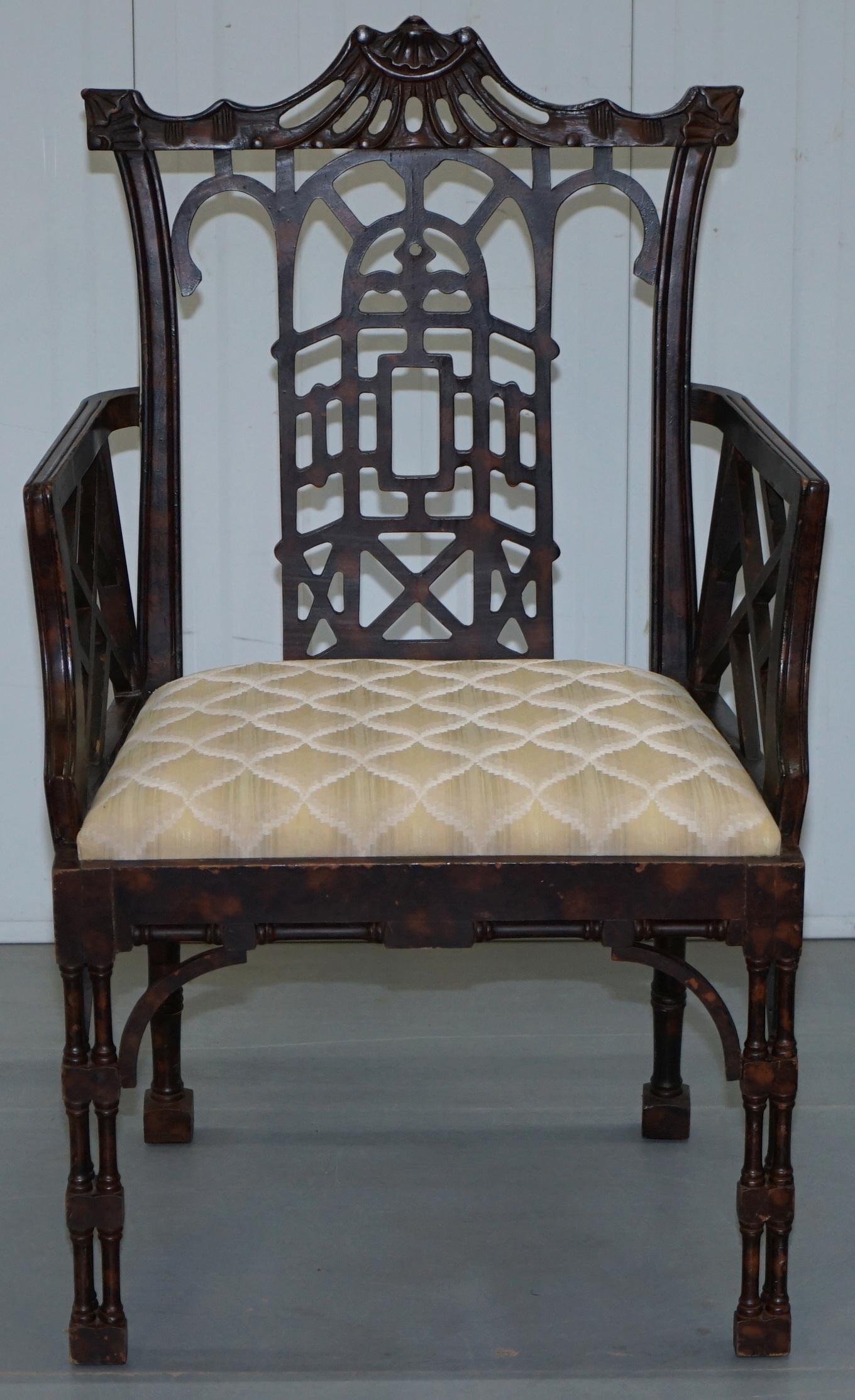 Unique Pair of Chinese Chippendale Tortoiseshell Lacquered Carver Armchairs 8
