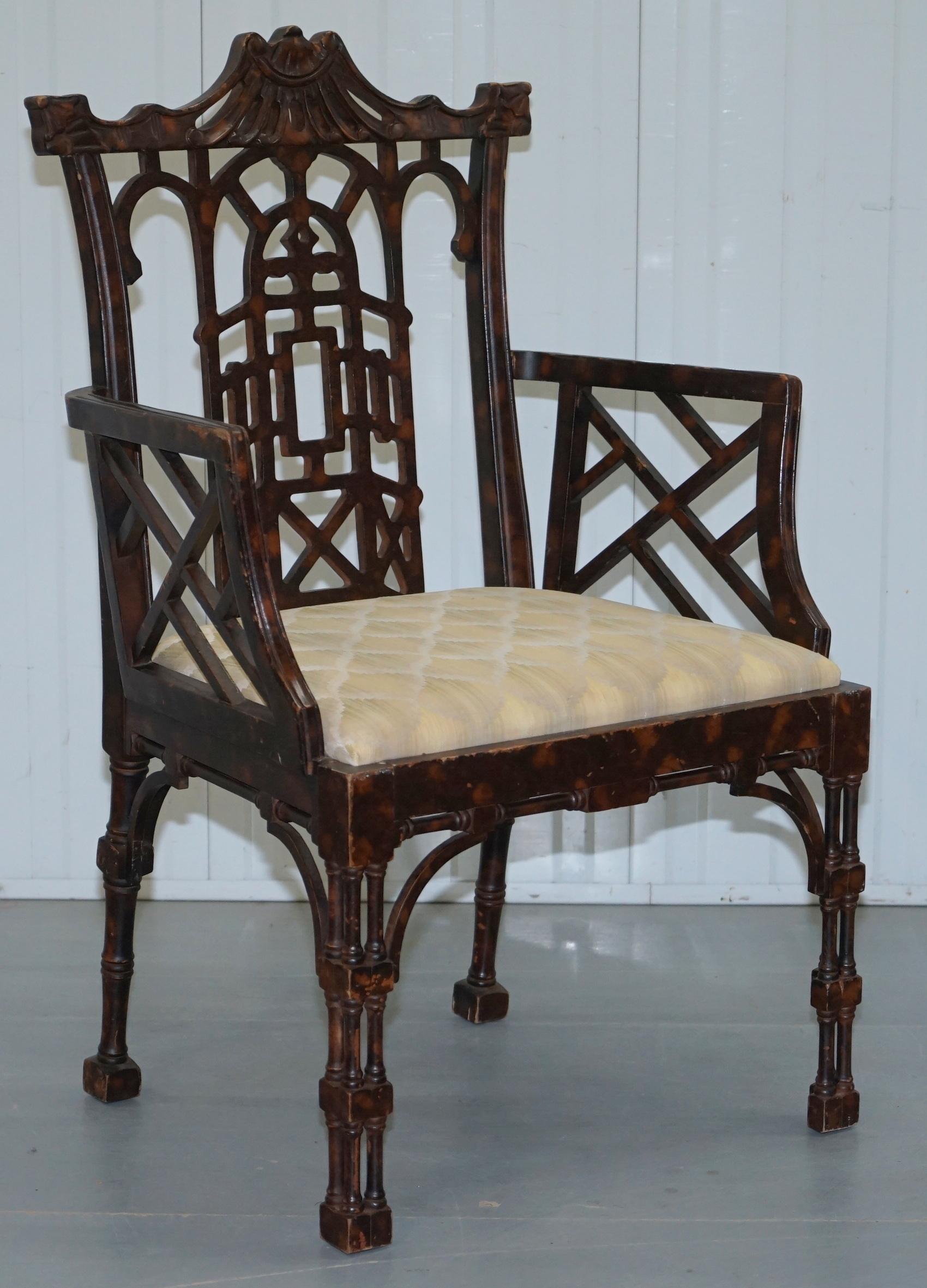 We are delighted to offer for sale this stunning and very rare pair of Chinese Chippendale tortoiseshell carver armchairs

A beautiful, desirable and unique pair, the distressed tortoiseshell finish is unique to this pair of chairs, the design is