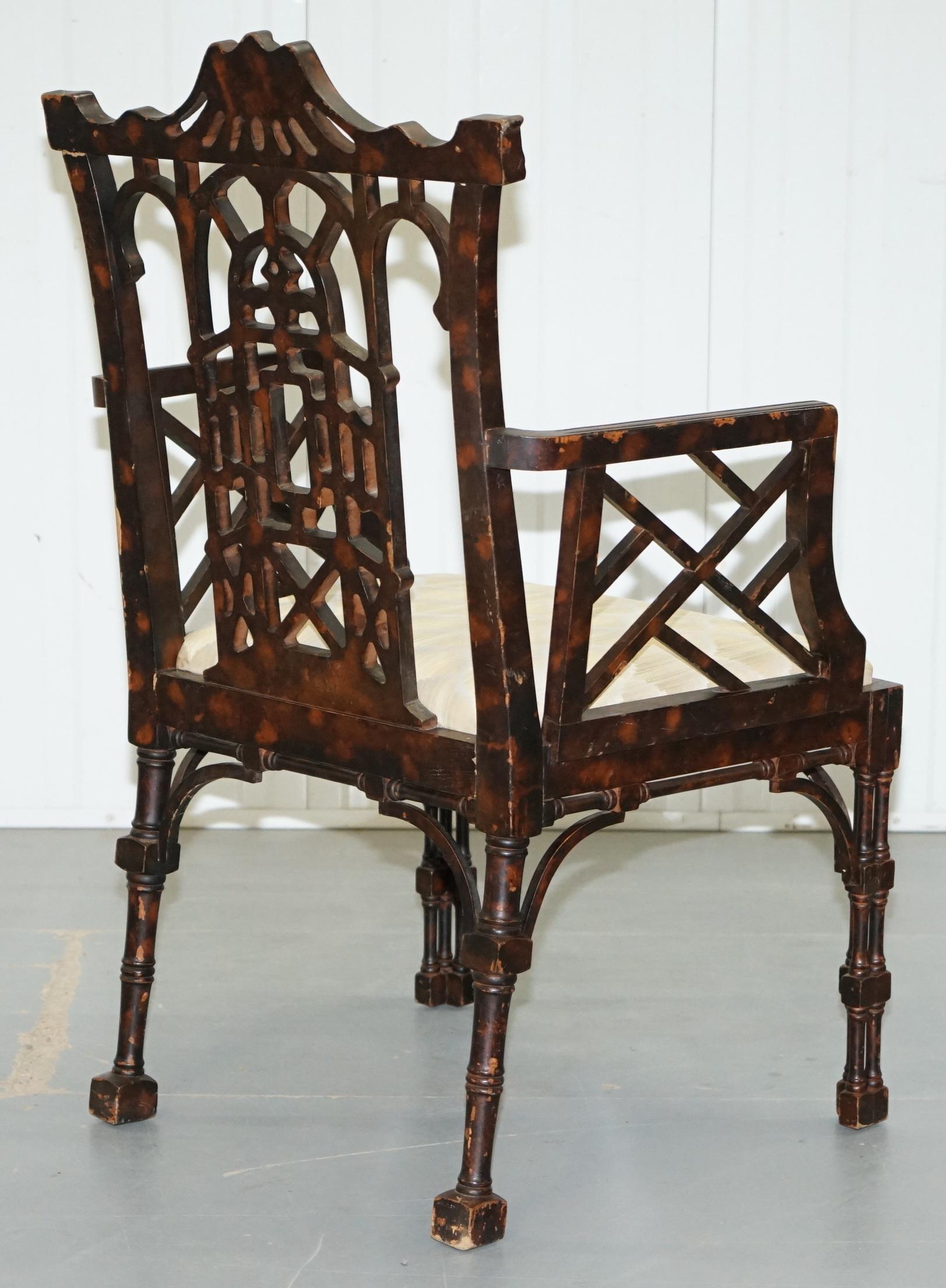 Unique Pair of Chinese Chippendale Tortoiseshell Lacquered Carver Armchairs 14