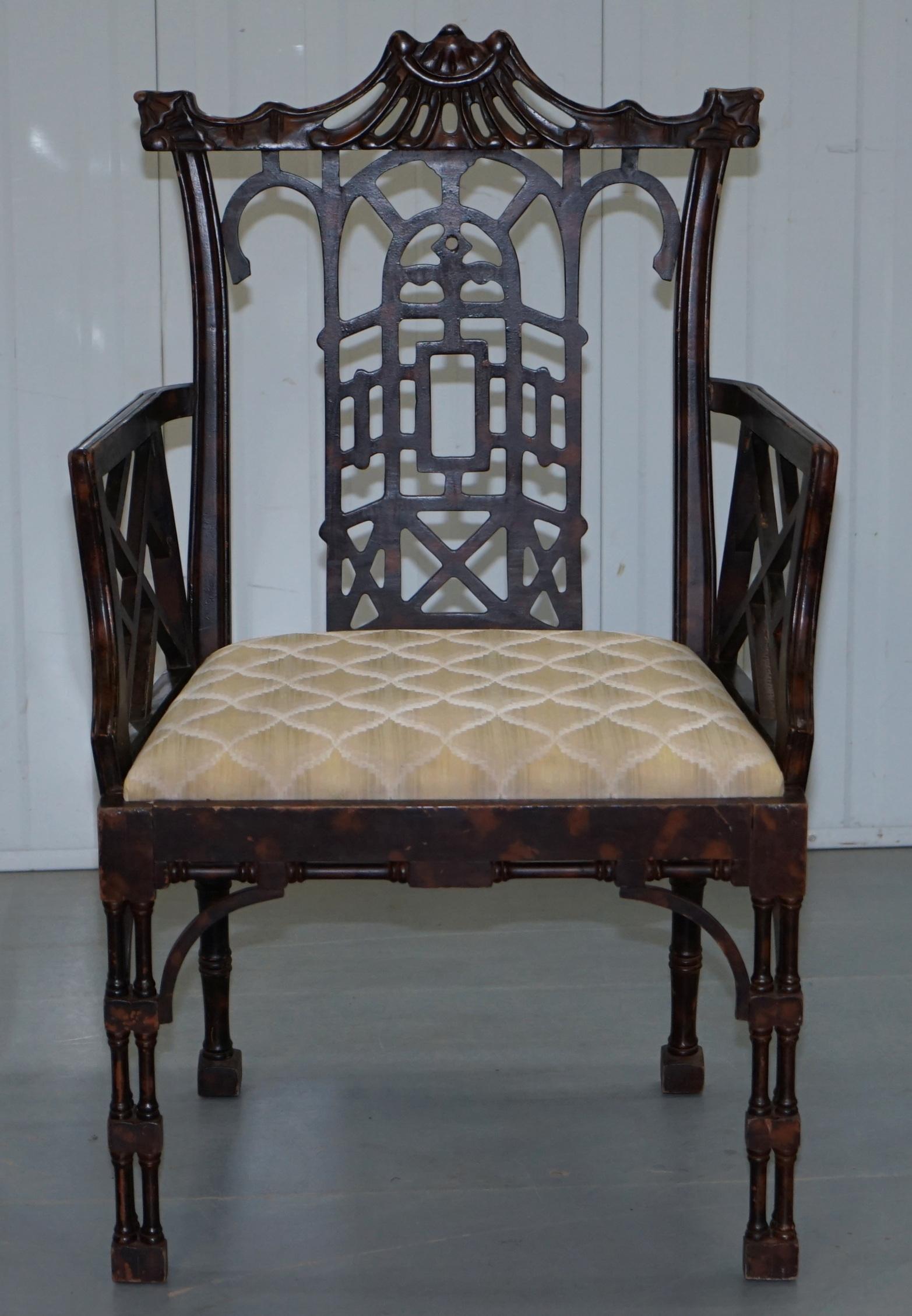 English Unique Pair of Chinese Chippendale Tortoiseshell Lacquered Carver Armchairs