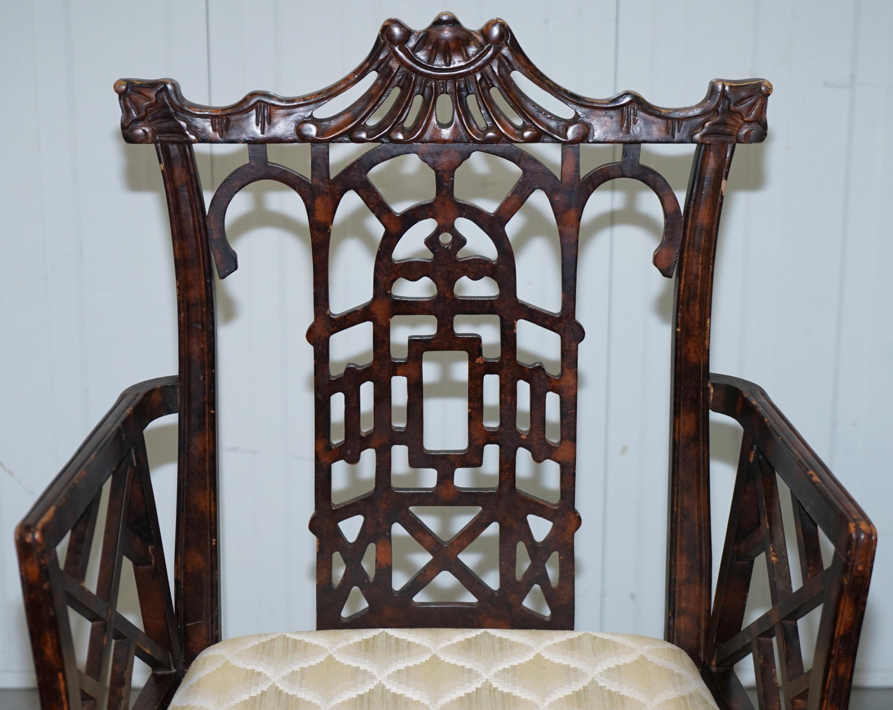 Hand-Crafted Unique Pair of Chinese Chippendale Tortoiseshell Lacquered Carver Armchairs