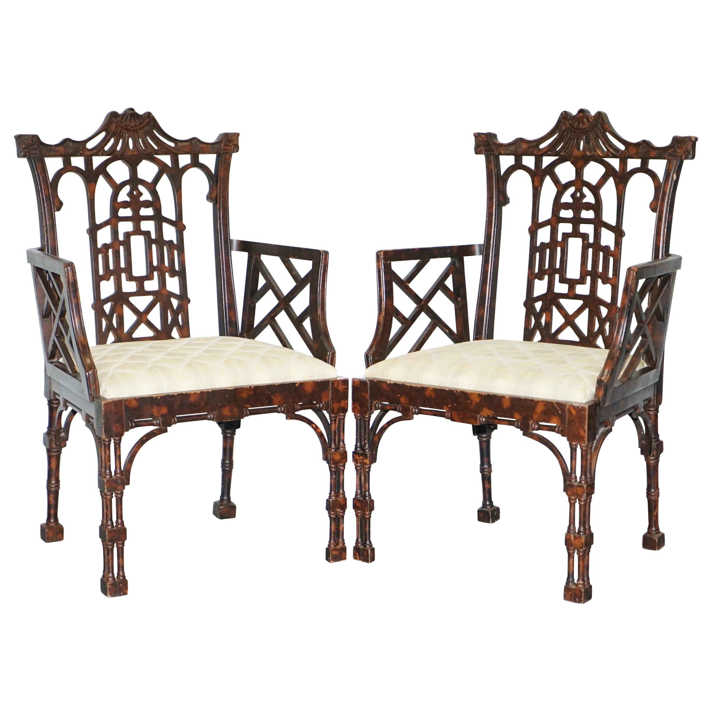 Unique Pair of Chinese Chippendale Tortoiseshell Lacquered Carver Armchairs