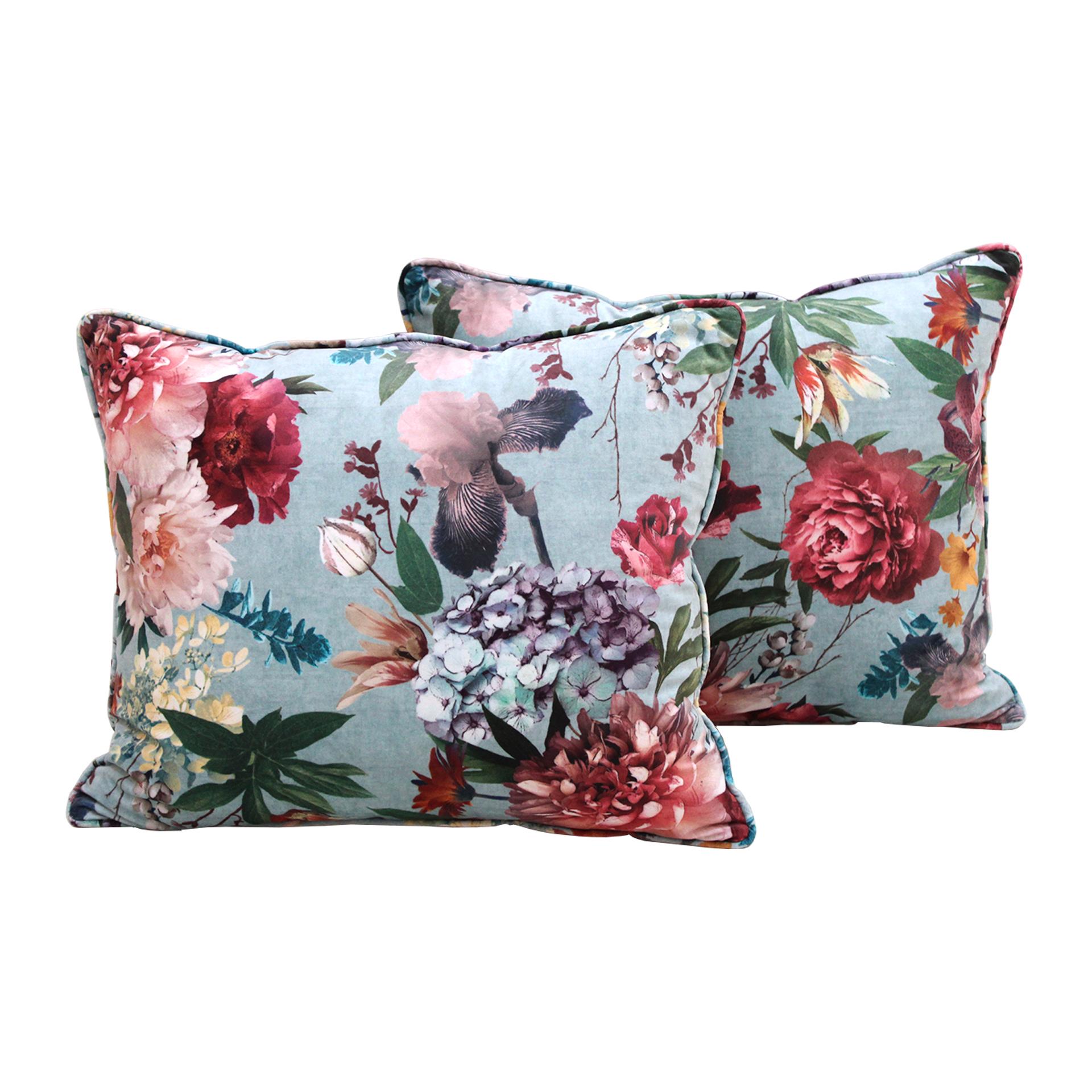 Spanish Unique Pair of Cushions with Floral Cotton Velvet Fabric, Spain For Sale