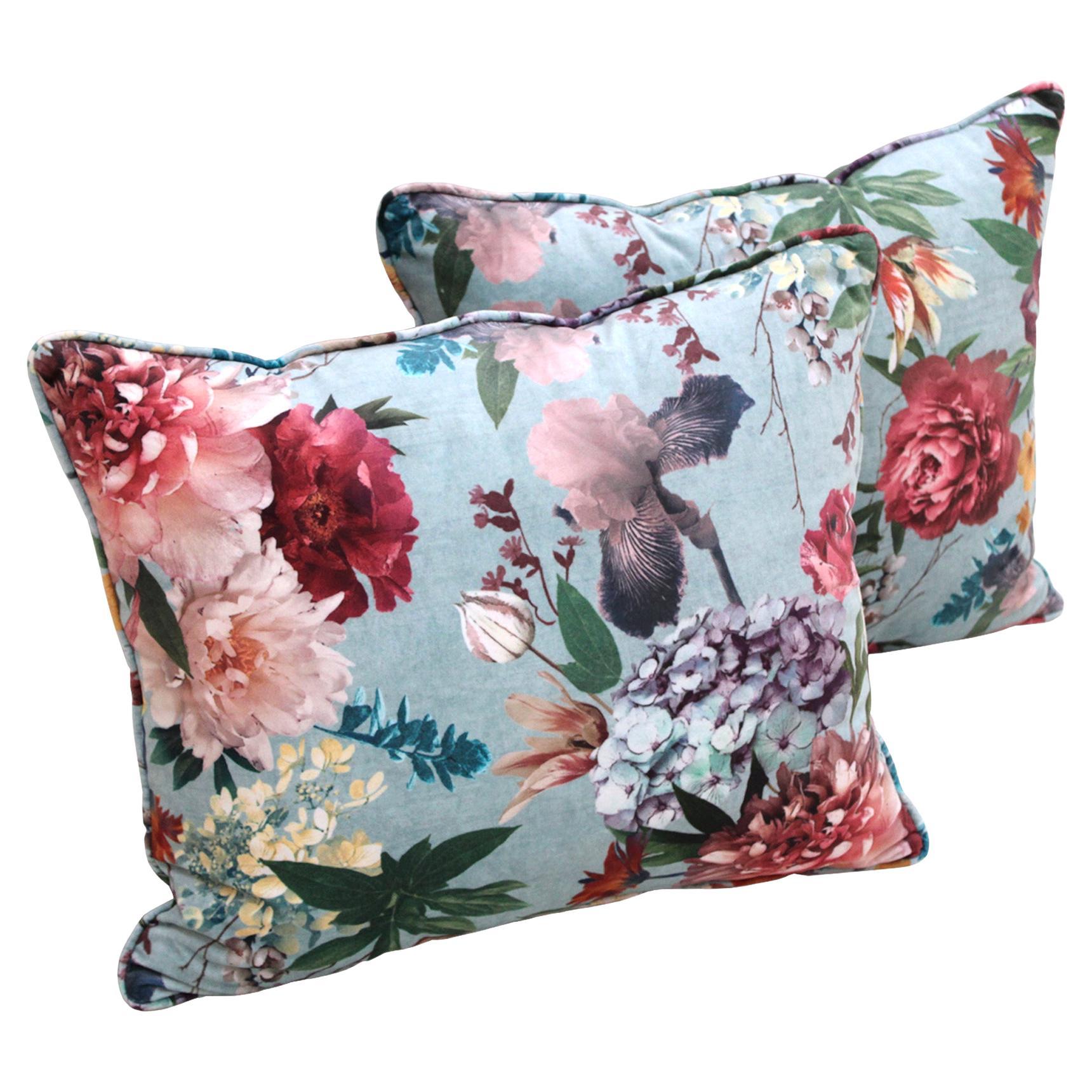 Unique Pair of Cushions with Floral Cotton Velvet Fabric, Spain For Sale