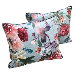 Unique Pair of Cushions with Floral Cotton Velvet Fabric, Spain