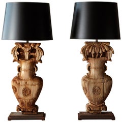 Unique Pair of Custom Table Lamps Made from Antique Chinese House Columns, 1850s