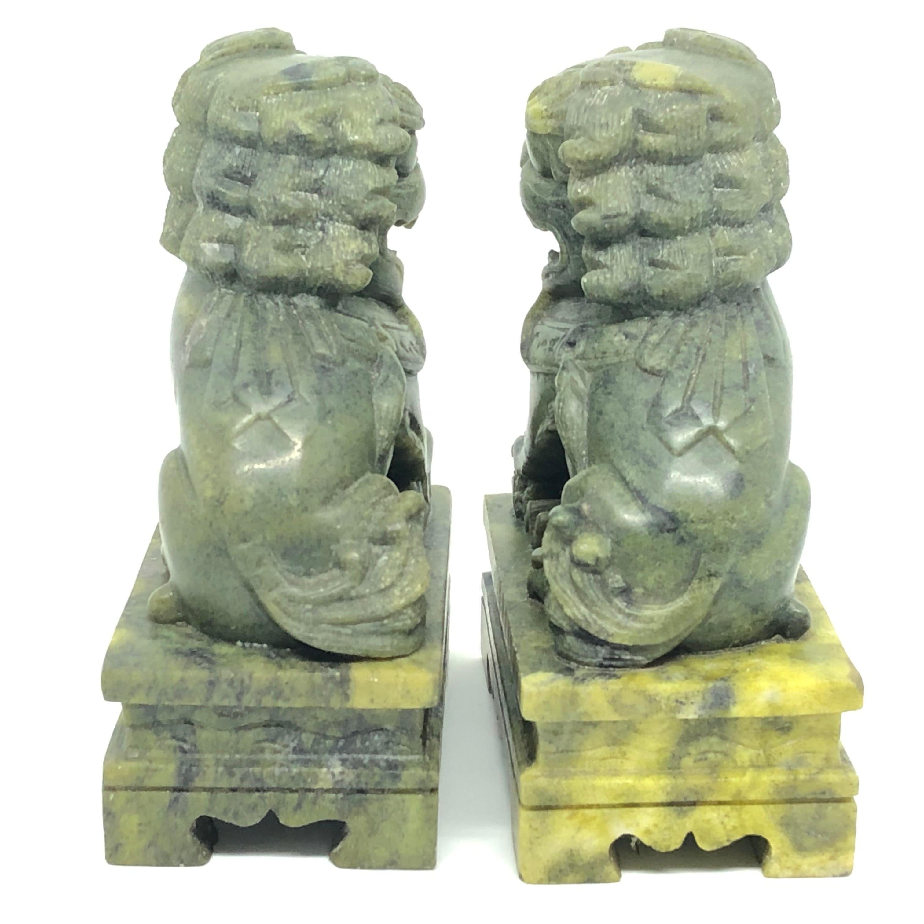 Hand-Carved Unique Pair of Decorative Foo Dogs Temple Lion Bookends Marble Sculptures