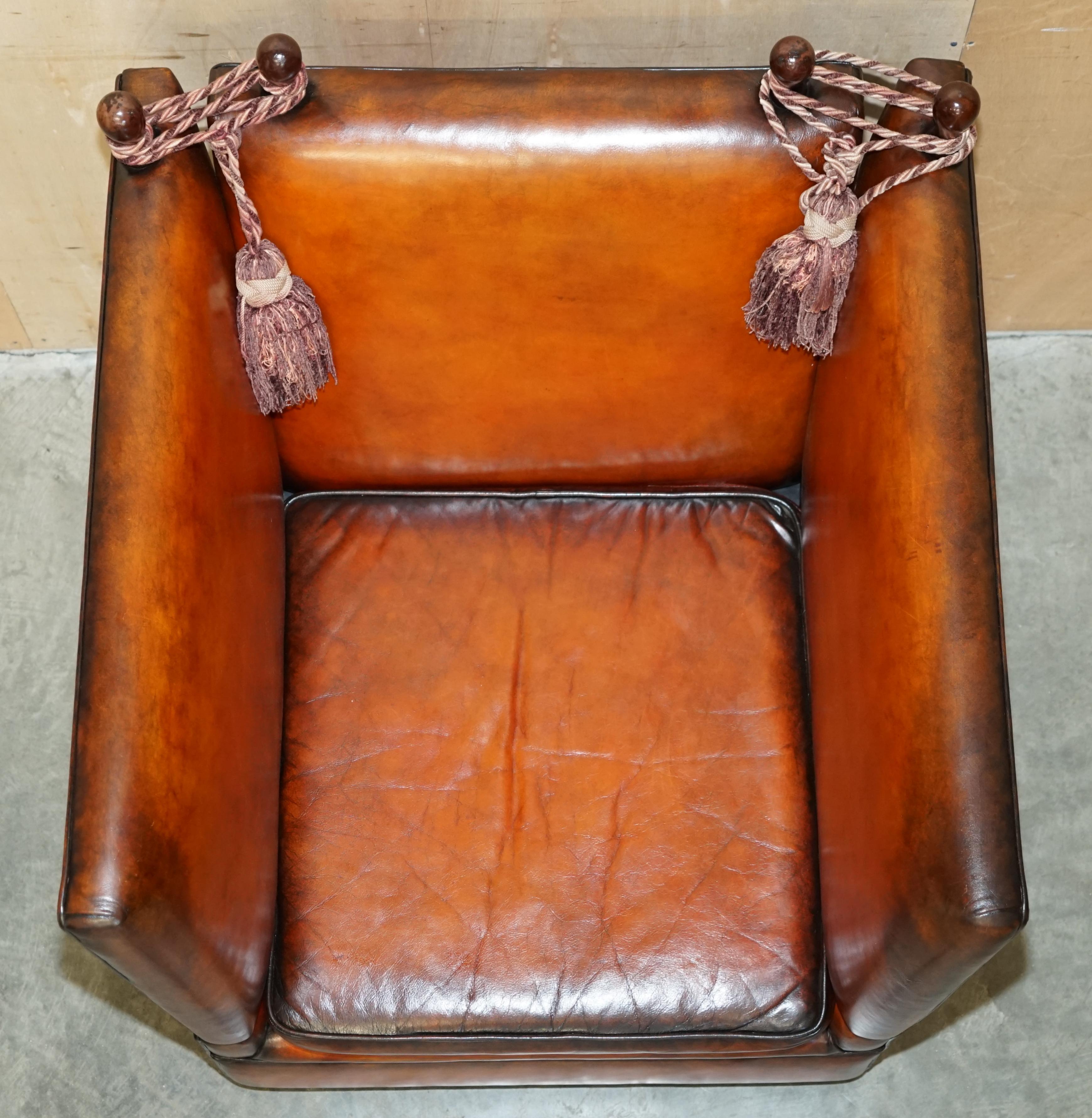 UNIQUE PAIR OF ENGLISH FULLY RESTORED KNOLL DROP ARM BROWN LEATHER ARMCHAIRs For Sale 7