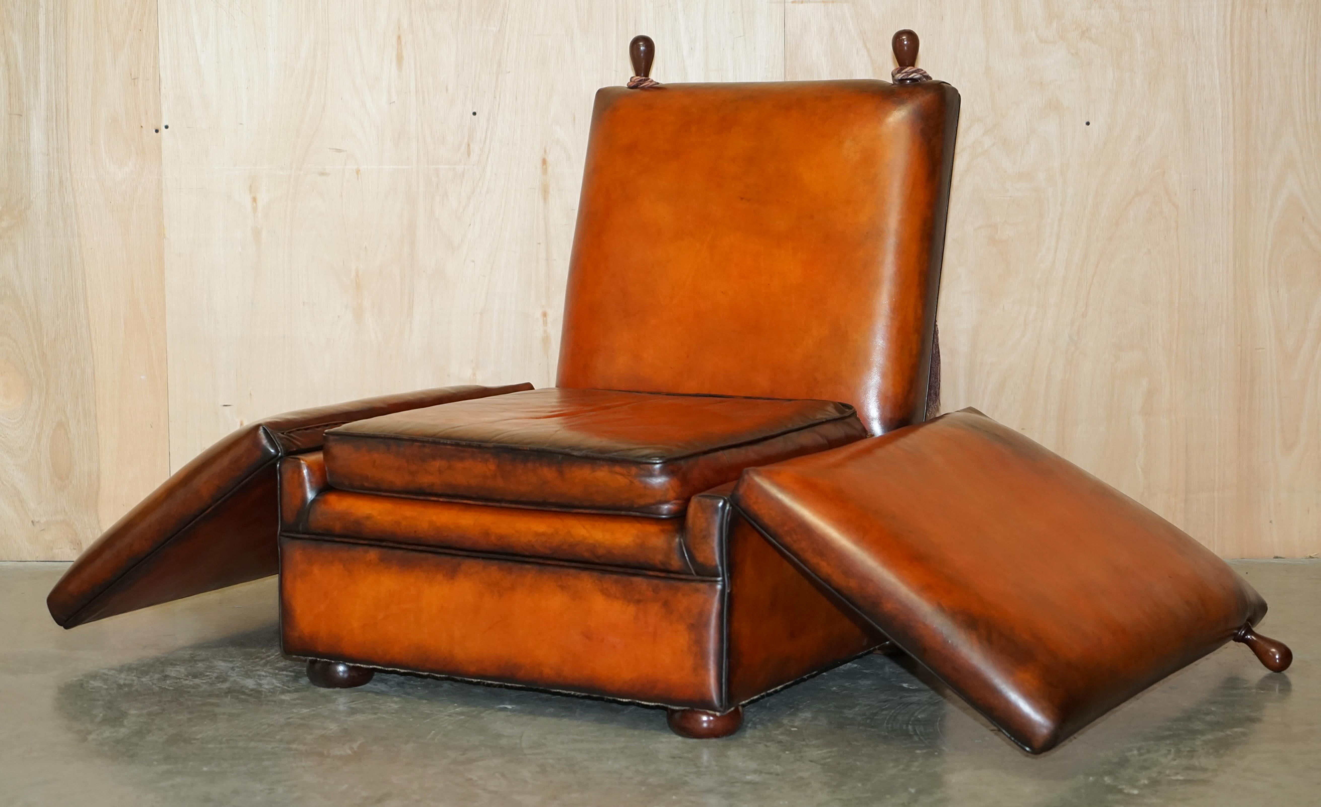 UNIQUE PAIR OF ENGLISH FULLY RESTORED KNOLL DROP ARM BROWN LEATHER ARMCHAIRs For Sale 10