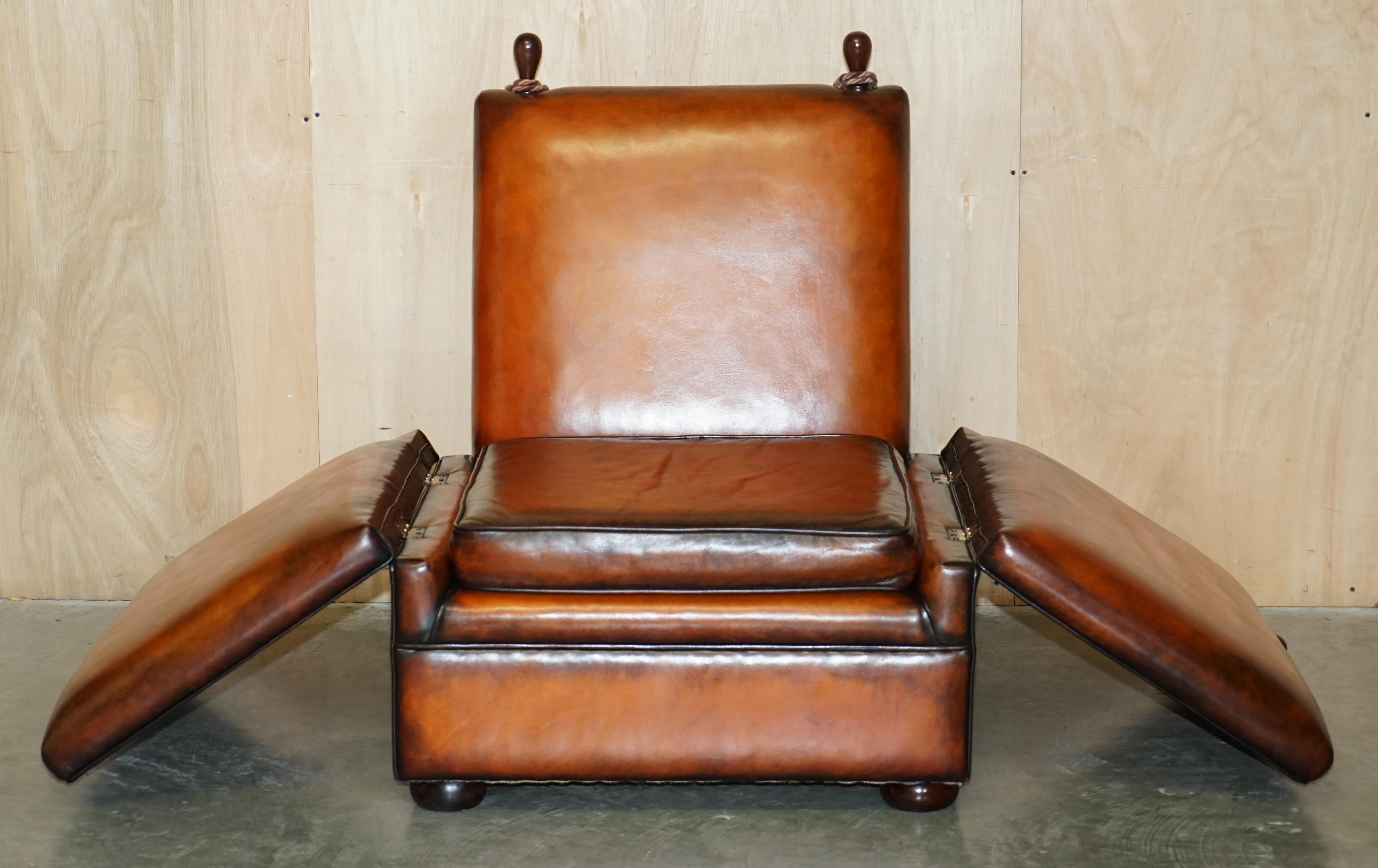 UNIQUE PAIR OF ENGLISH FULLY RESTORED KNOLL DROP ARM BROWN LEATHER ARMCHAIRs For Sale 11