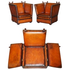 UNIQUE PAIR OF ENGLISH FULLY RESTORED KNOLL DROP ARM BROWN LEATHER ARMCHAIRs