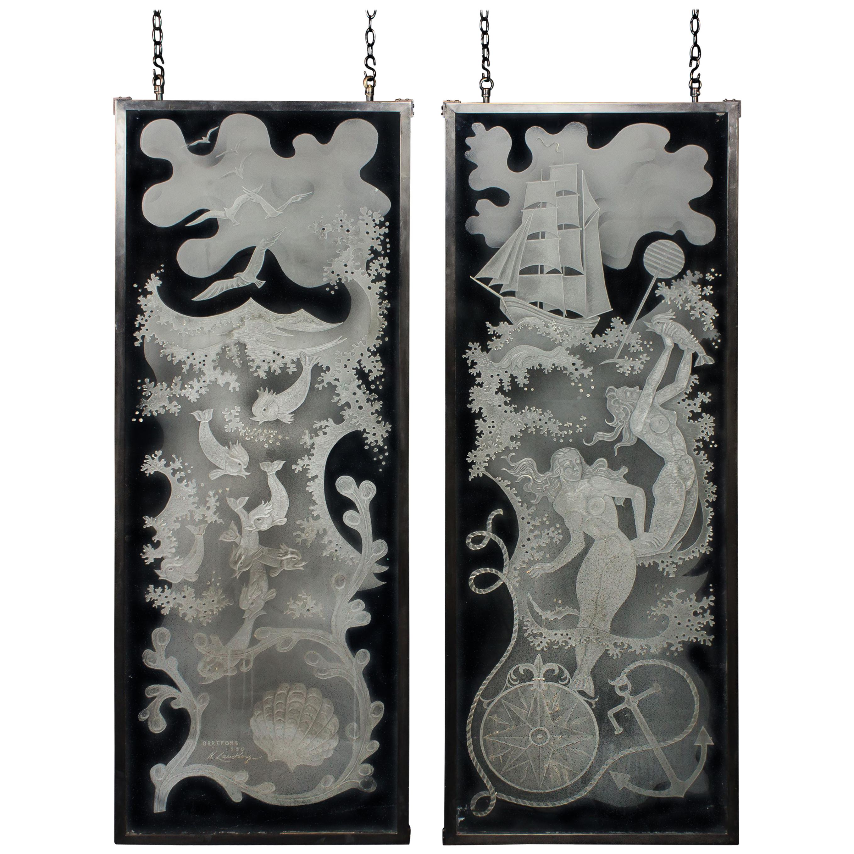 Unique Pair of Etched Glass Panels by Nils Landberg '1907-1991' For Sale