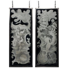 Vintage Unique Pair of Etched Glass Panels by Nils Landberg '1907-1991'