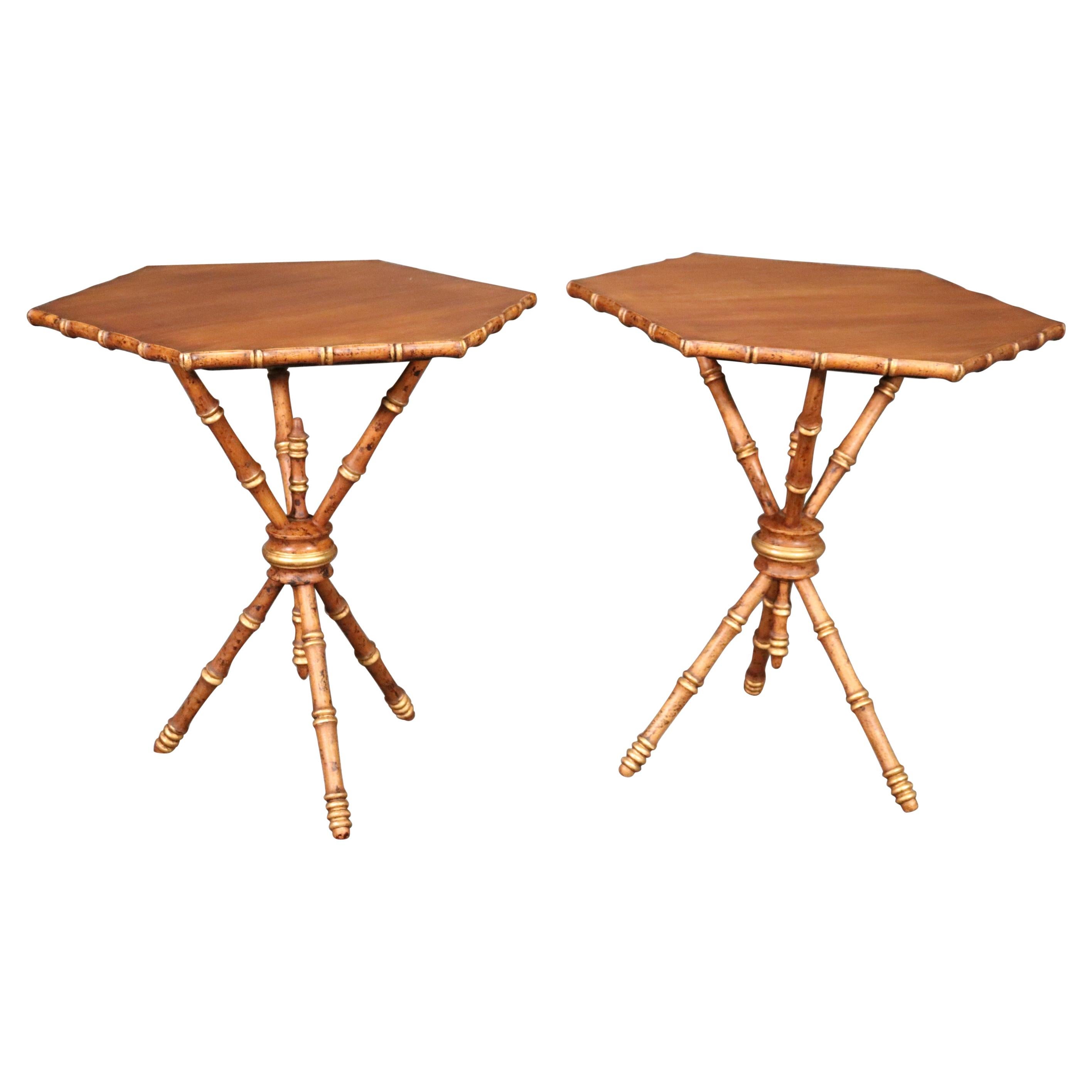 Unique Pair of Faux Bamboo Walnut Octagonal French End or Occassional Tables