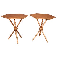 Unique Pair of Faux Bamboo Walnut Octagonal French End or Occassional Tables