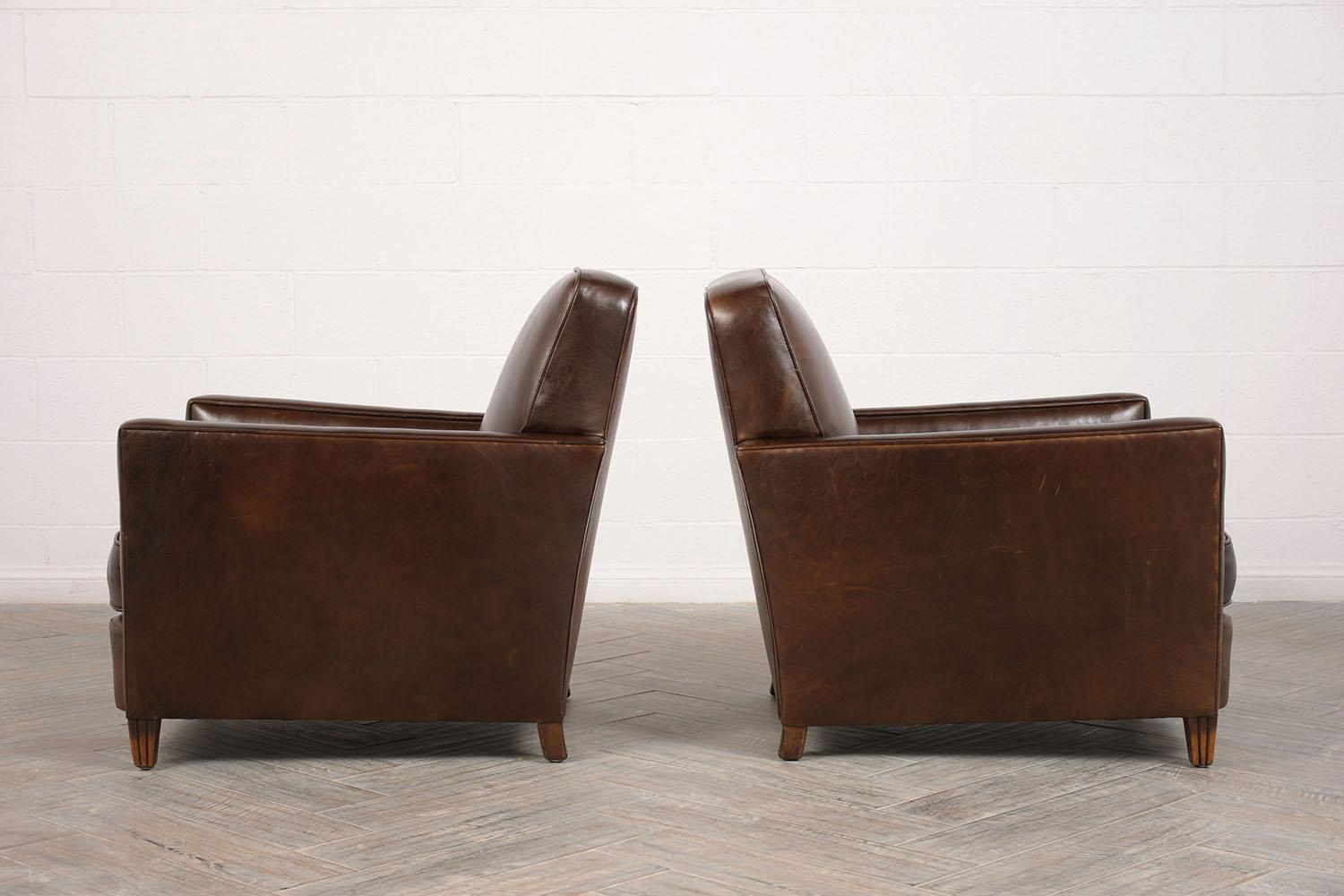 Carved Unique Pair of French 1930s Art Deco Leather Club Chairs