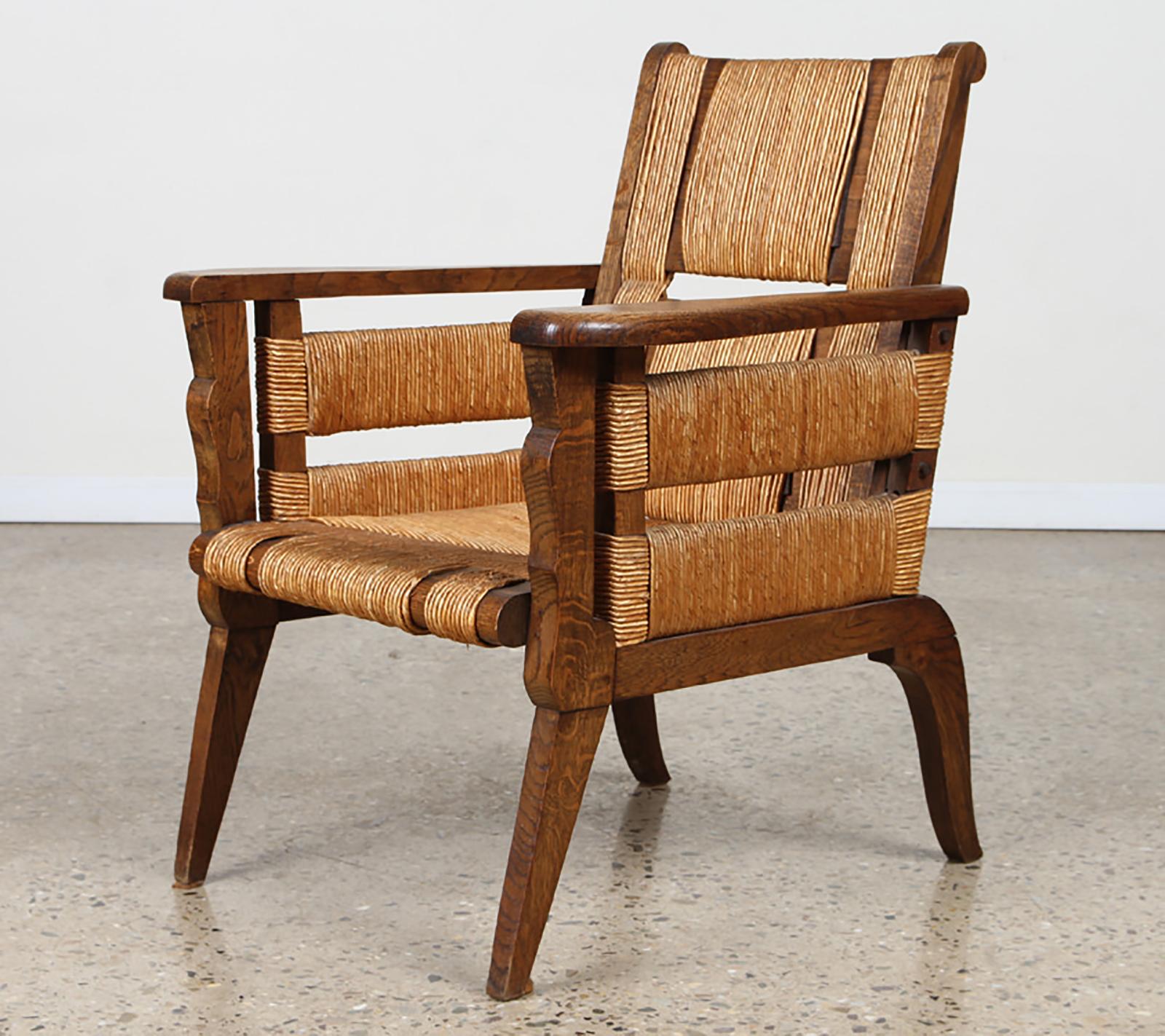 American Custom Pair Hand-Rushed Oak Lounge Chairs For Sale