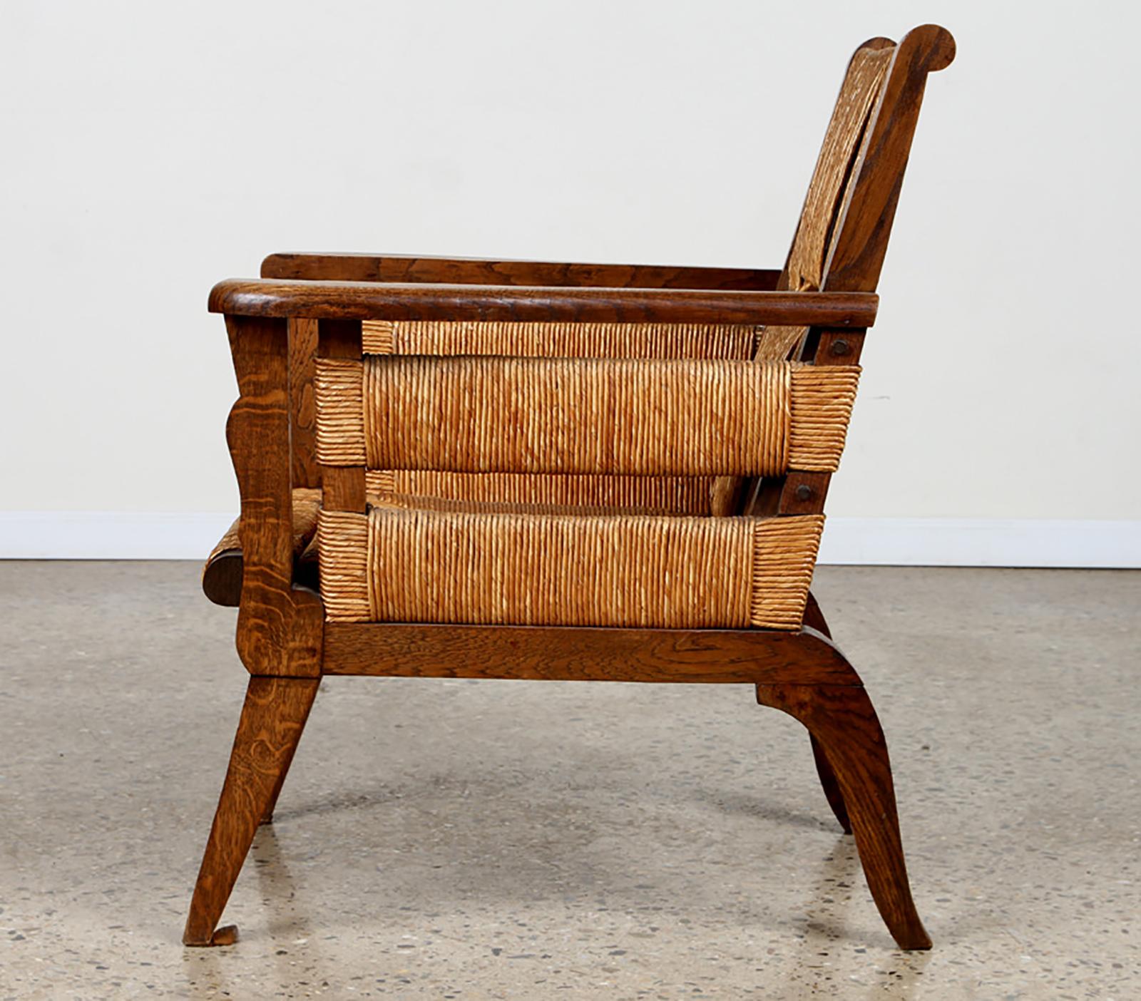Custom Pair Hand-Rushed Oak Lounge Chairs In New Condition For Sale In New York, NY