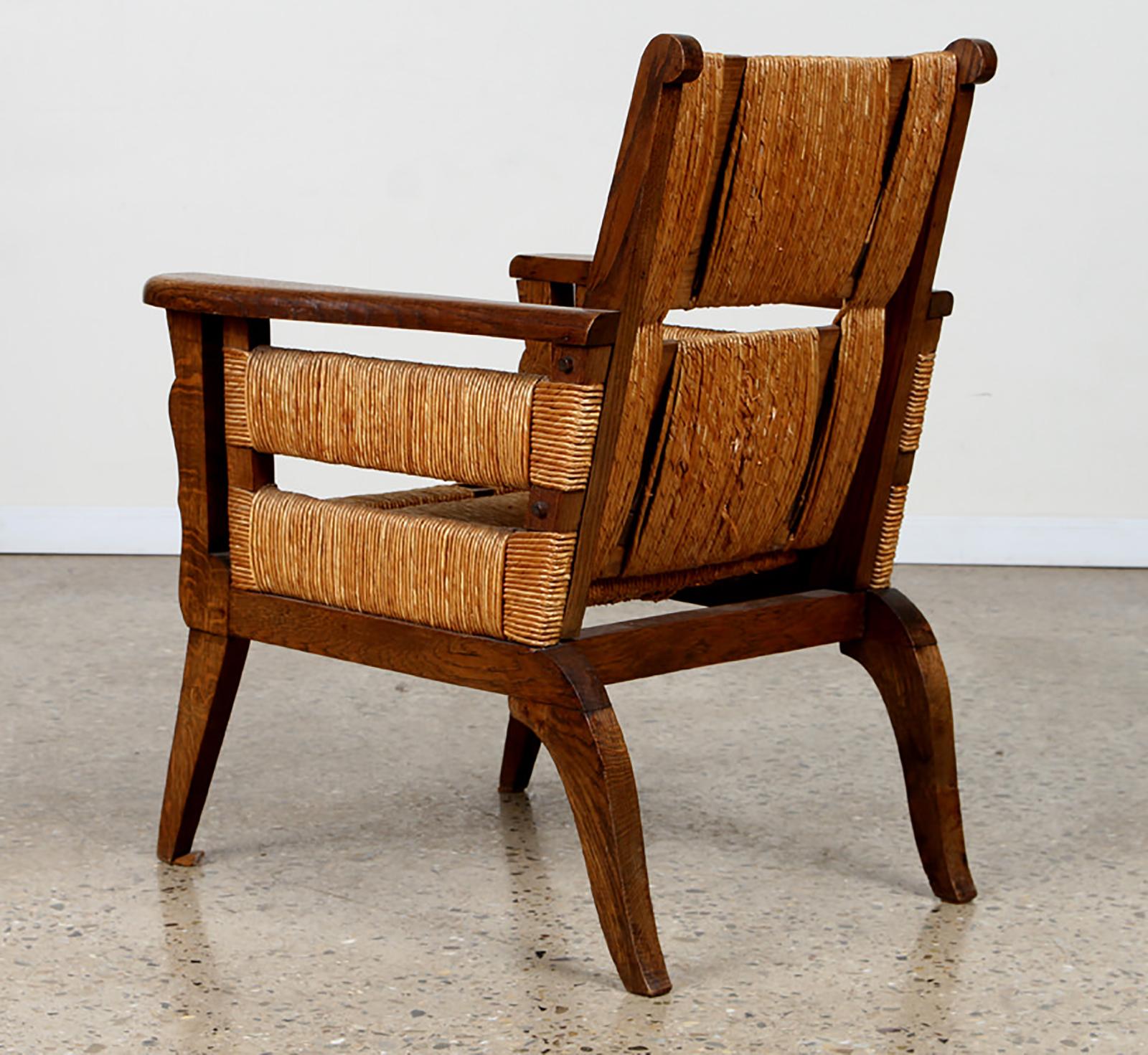 Contemporary Custom Pair Hand-Rushed Oak Lounge Chairs For Sale