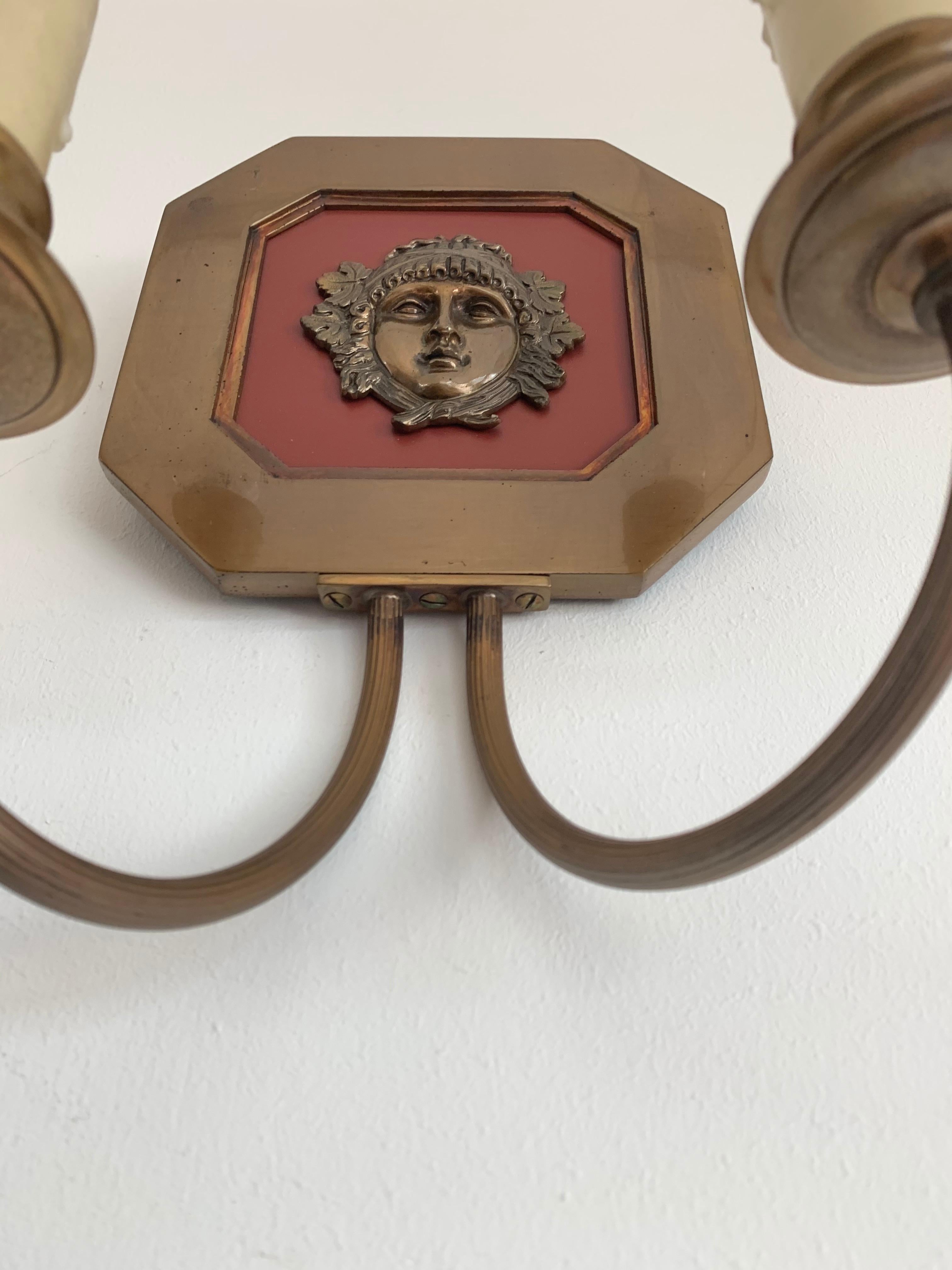 Unique Pair of French Hollywood Maison Charles Bagues Bronze Wall Sconces For Sale 7