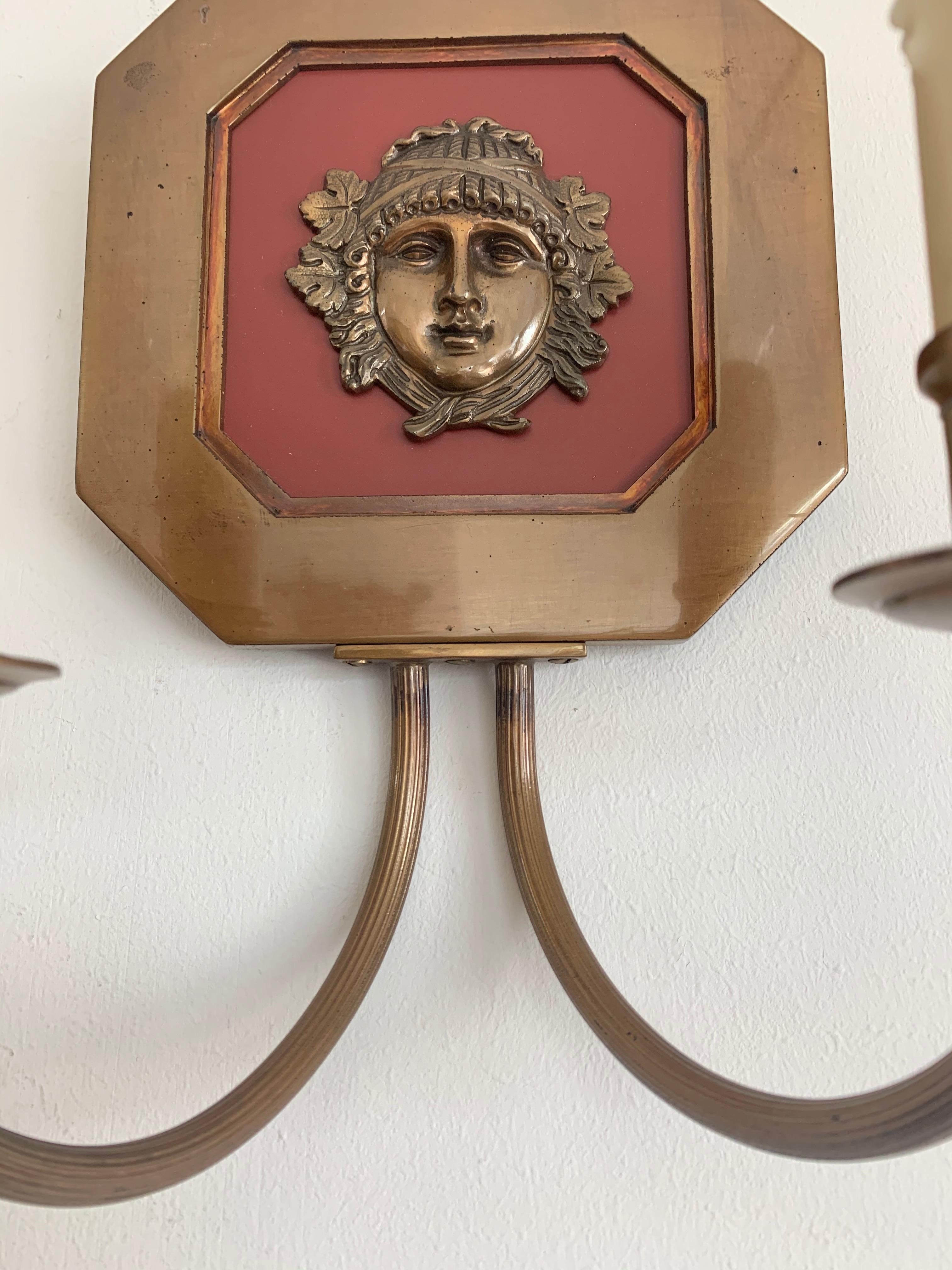 Hollywood Regency Unique Pair of French Hollywood Maison Charles Bagues Bronze Wall Sconces For Sale