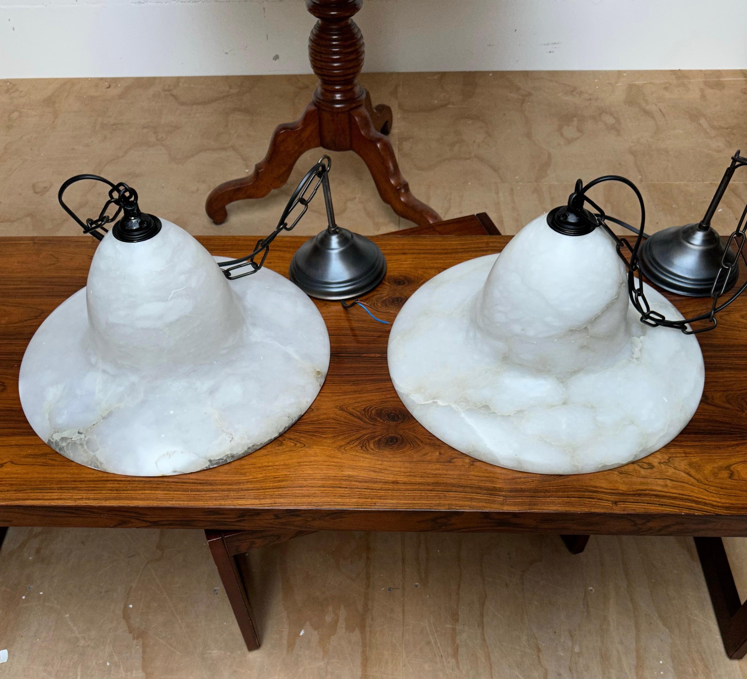 Unique Pair of Good Size Antique White Alabaster Chandeliers / Pendant Lights For Sale 1