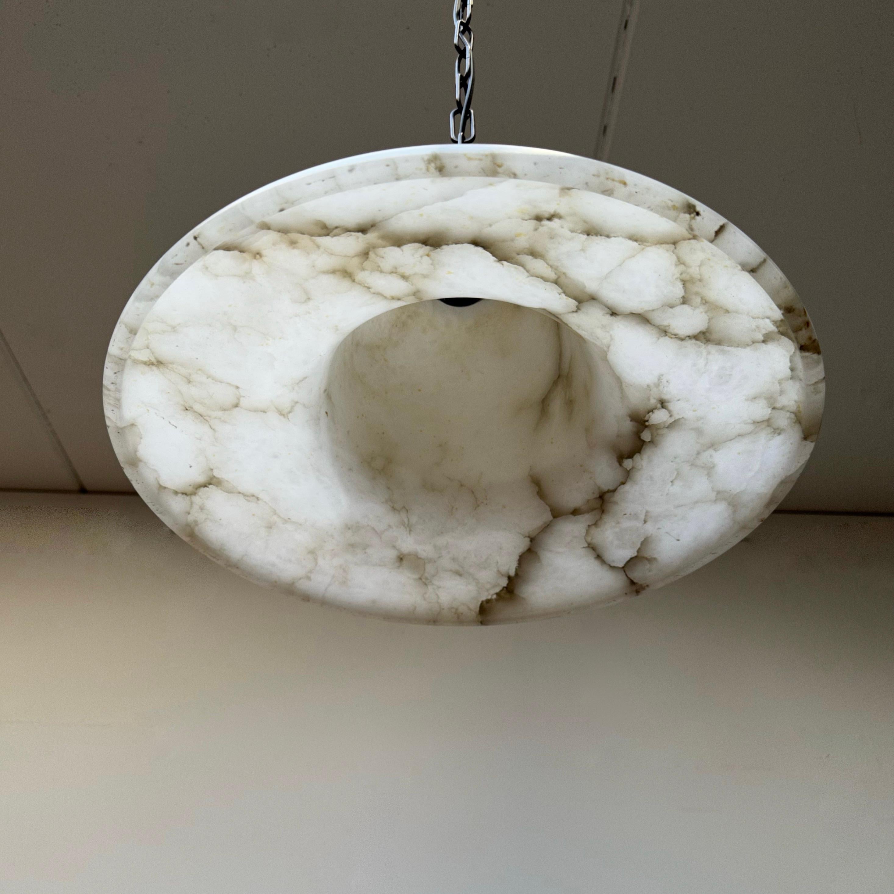 Art Deco Unique Pair of Good Size Antique White Alabaster Chandeliers / Pendant Lights For Sale