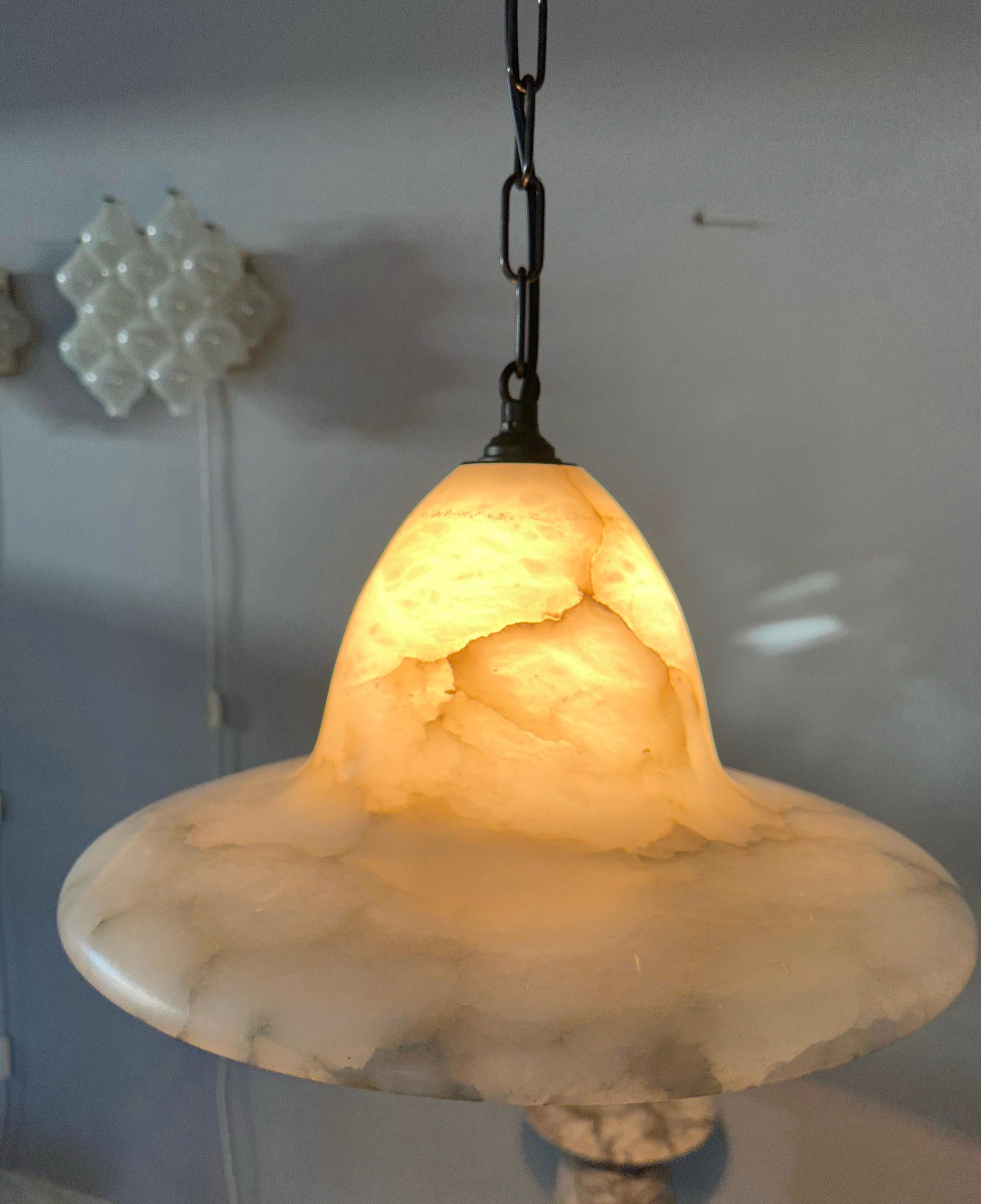 French Unique Pair of Good Size Antique White Alabaster Chandeliers / Pendant Lights For Sale