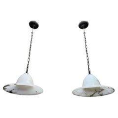 Unique Pair of Good Size Antique White Alabaster Chandeliers / Pendant Lights